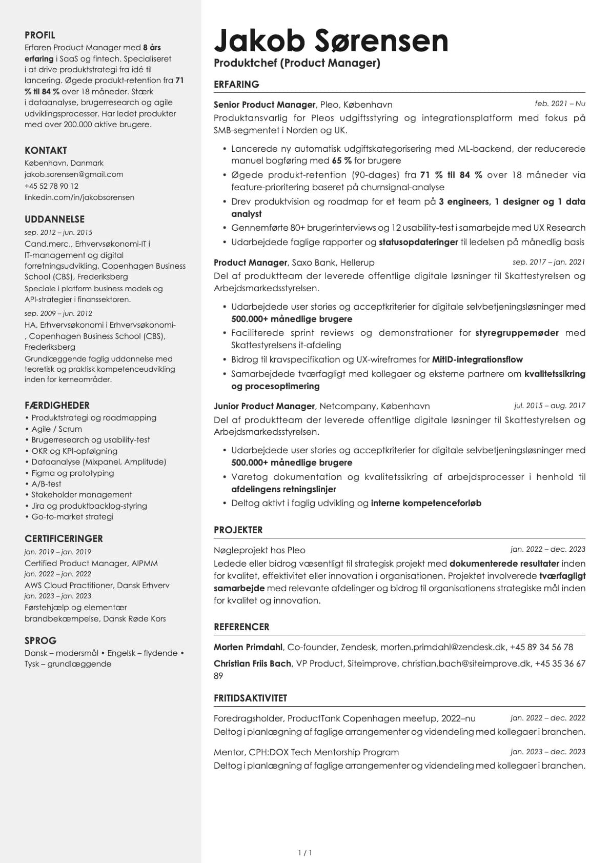 Produktchef (Product Manager) resume example