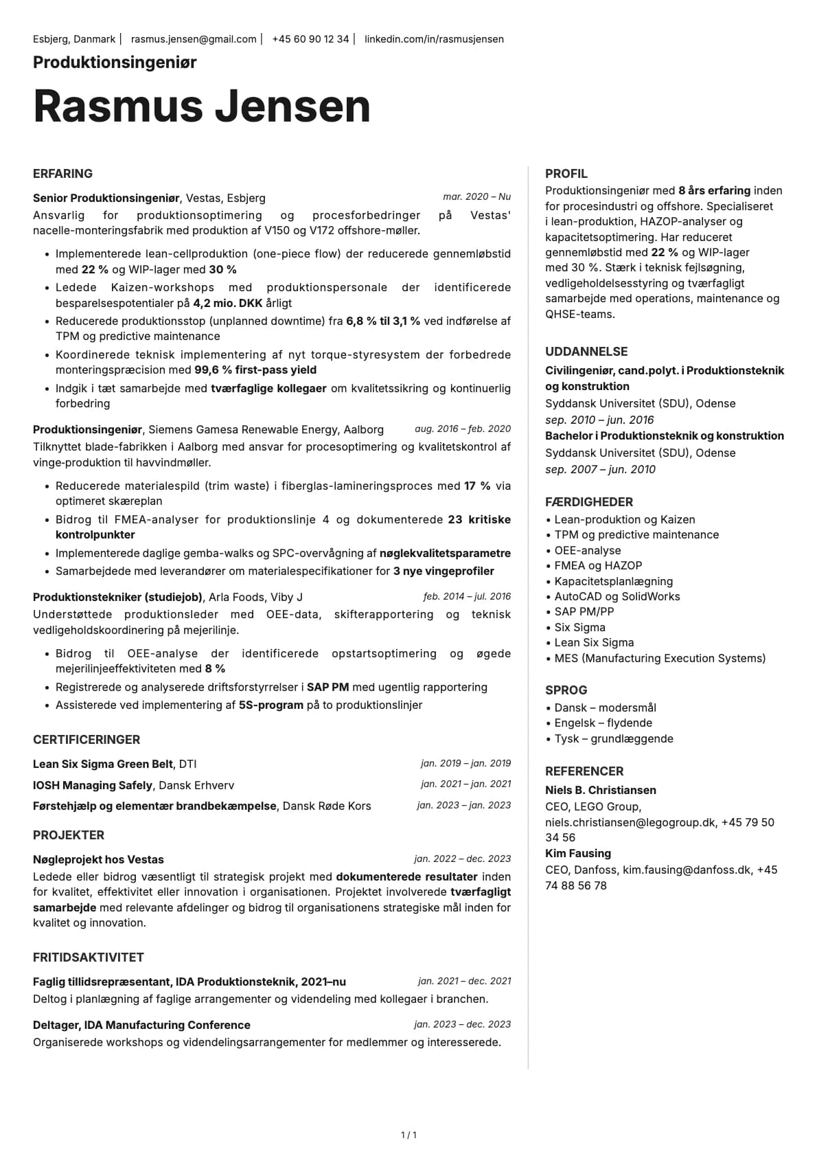 Produktionsingeniør resume example