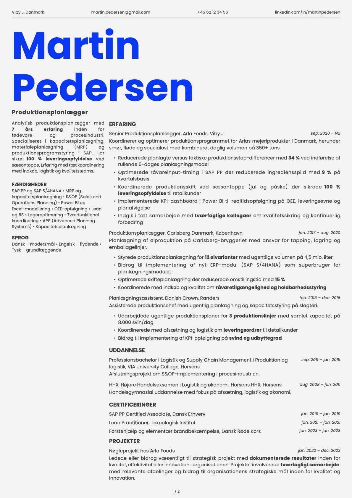 Produktionsplanlægger resume example