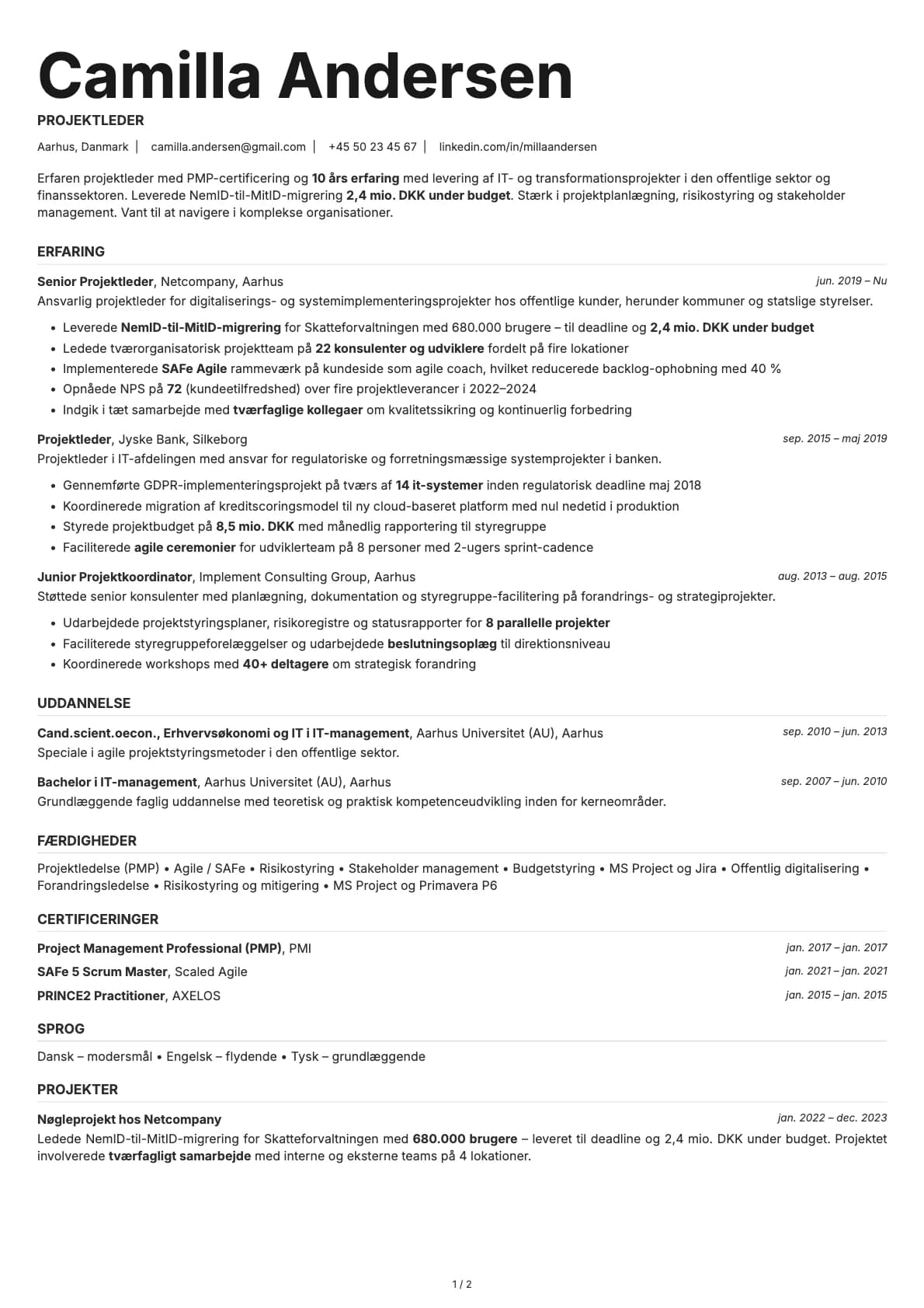 Projektleder resume example