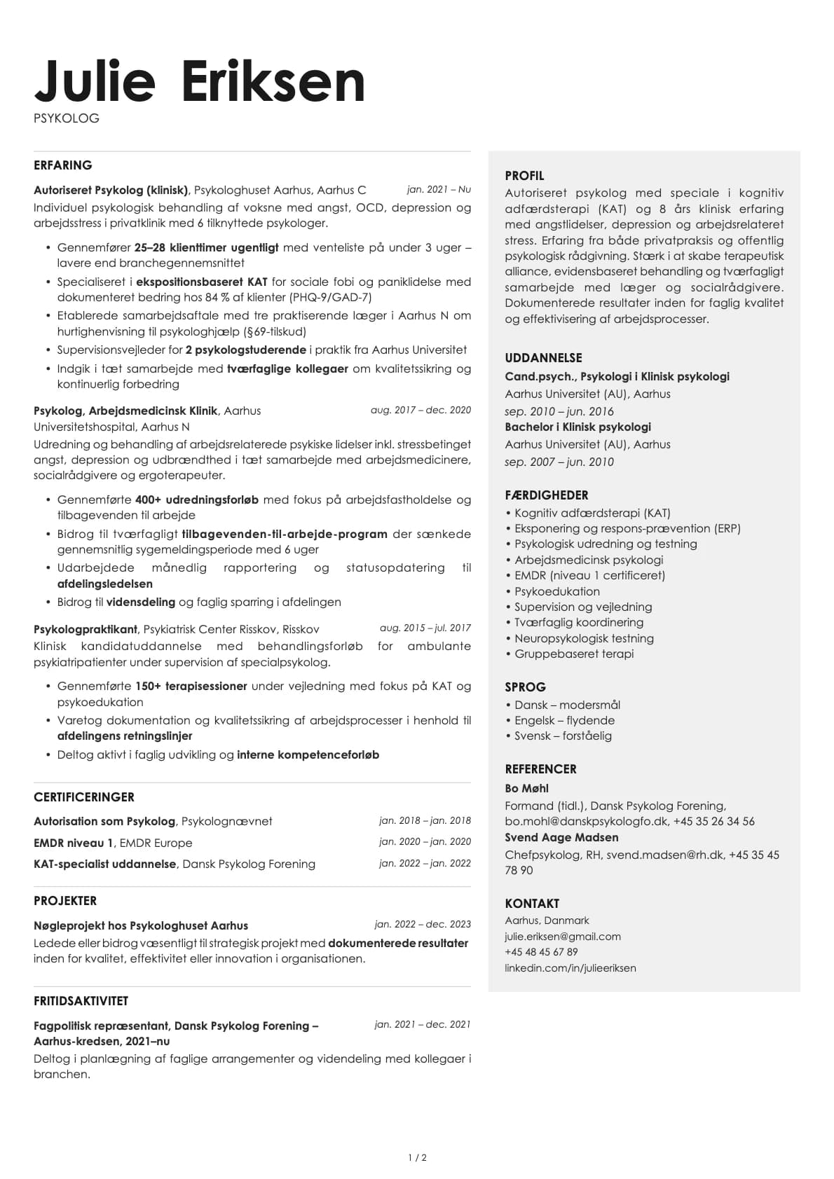 Psykolog resume example