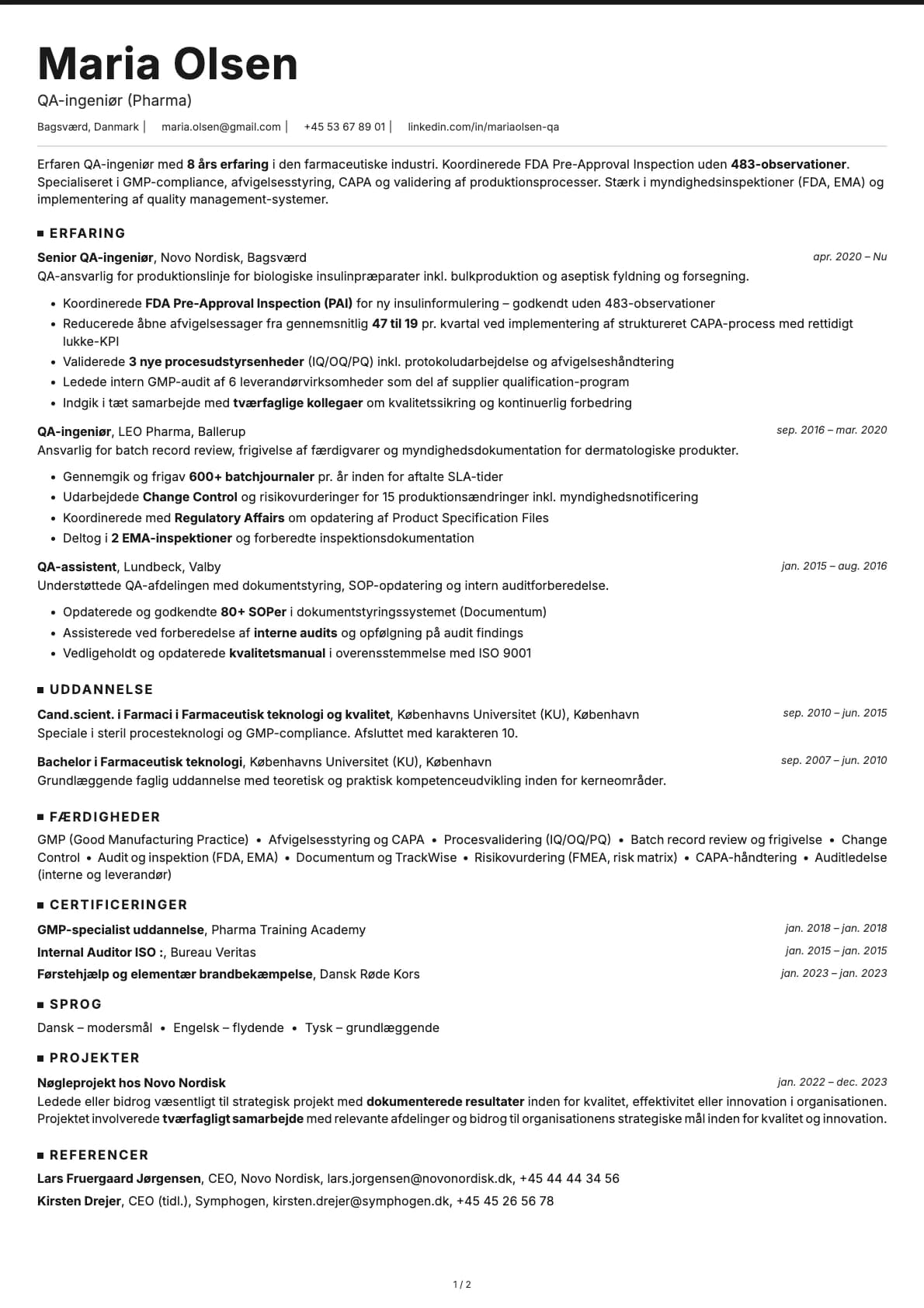 QA-ingeniør Pharma resume example