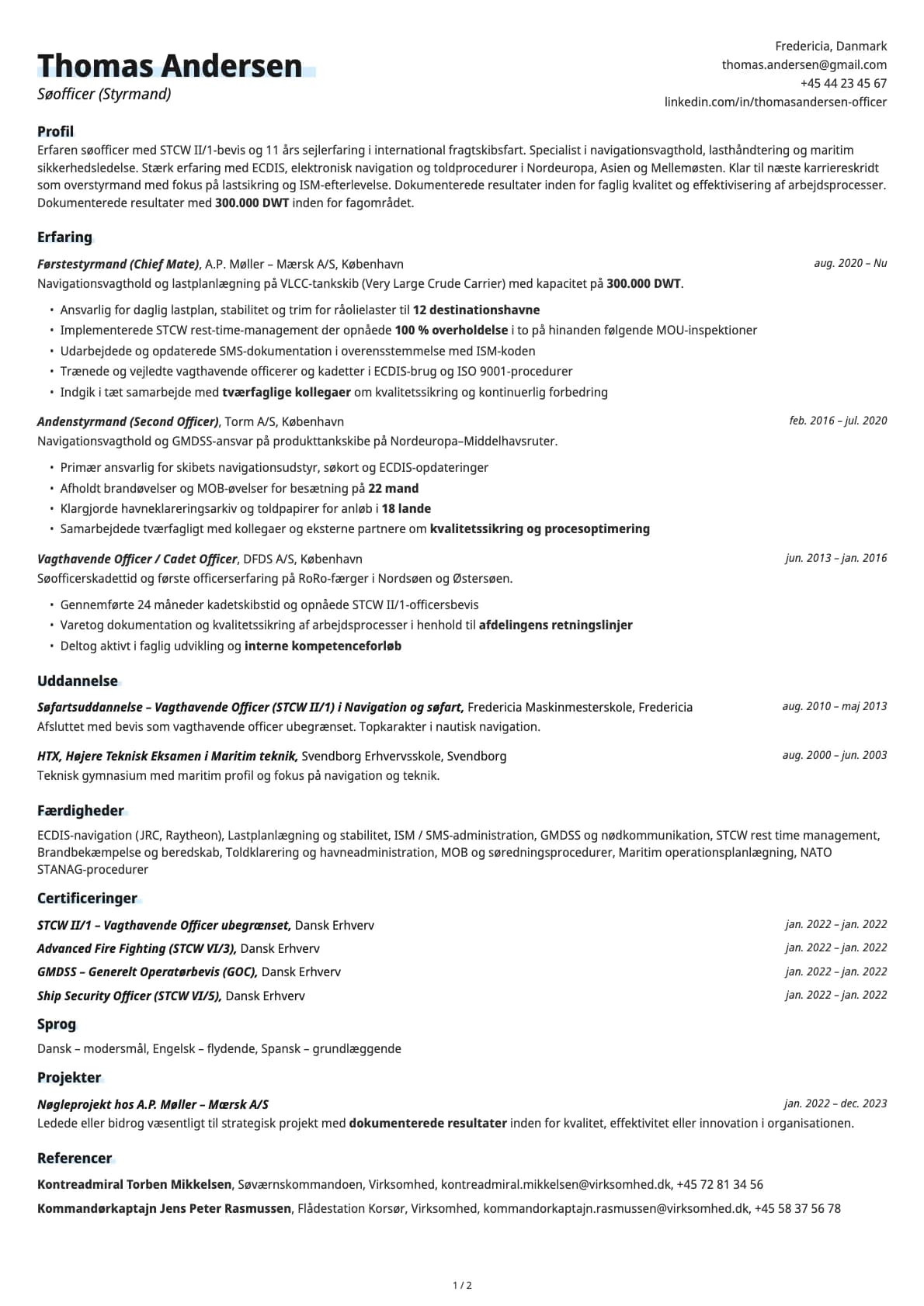 Søofficer (Styrmand) resume example