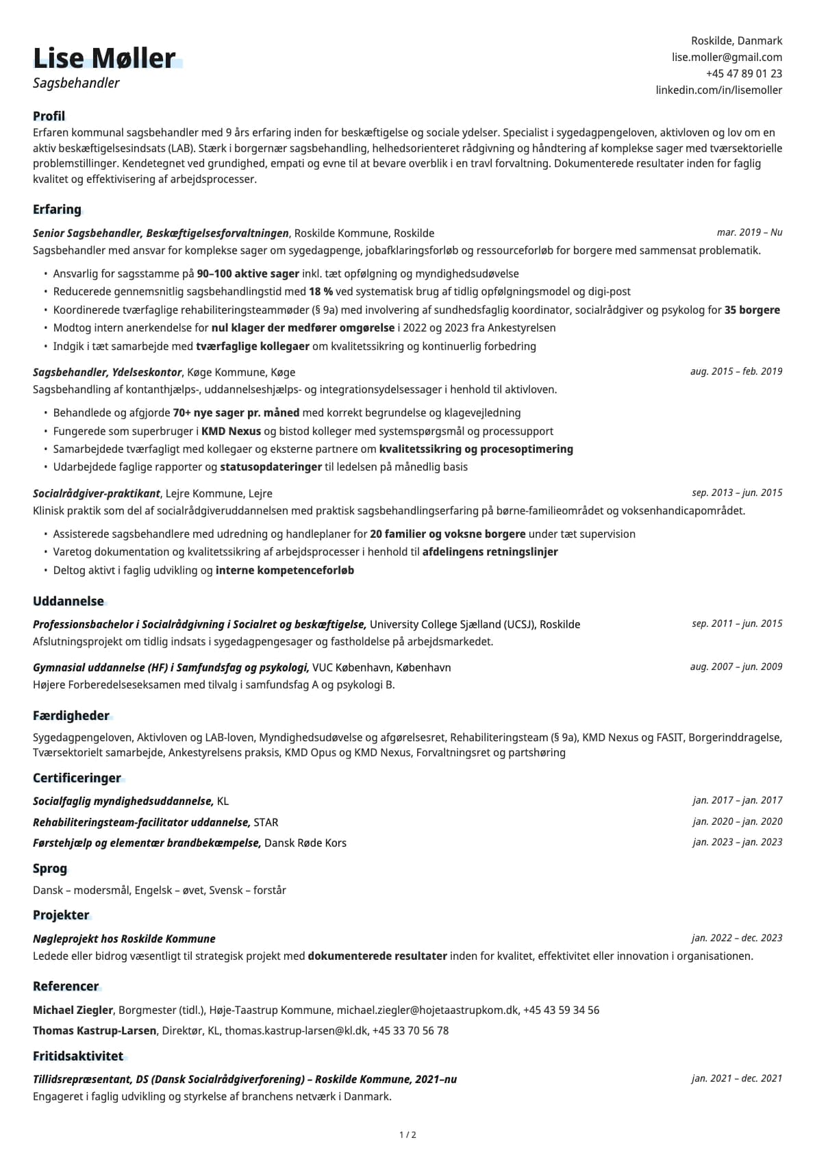 Sagsbehandler resume example