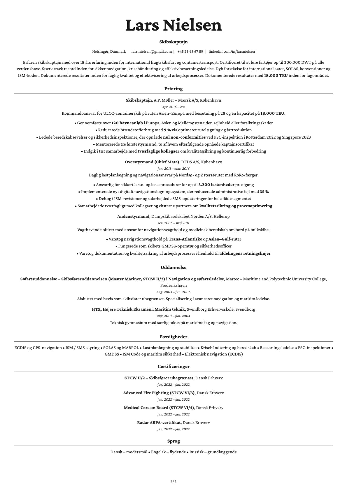 Skibskaptajn resume example