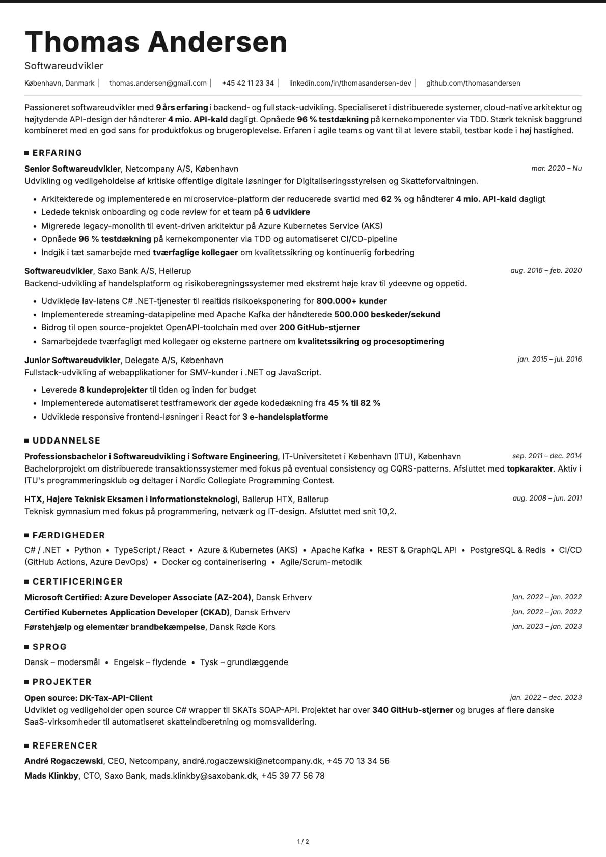 Softwareudvikler resume example