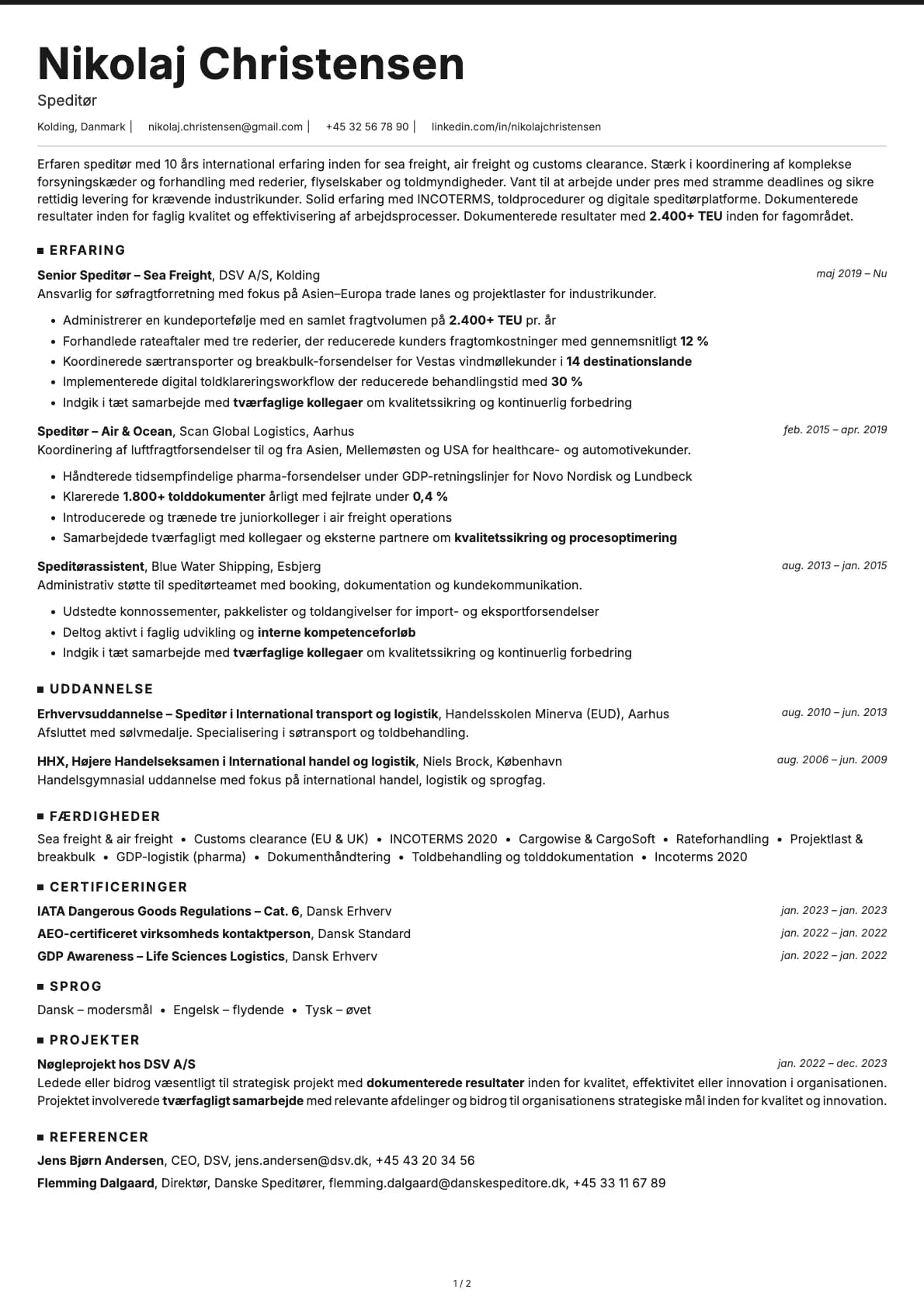 Speditør resume example