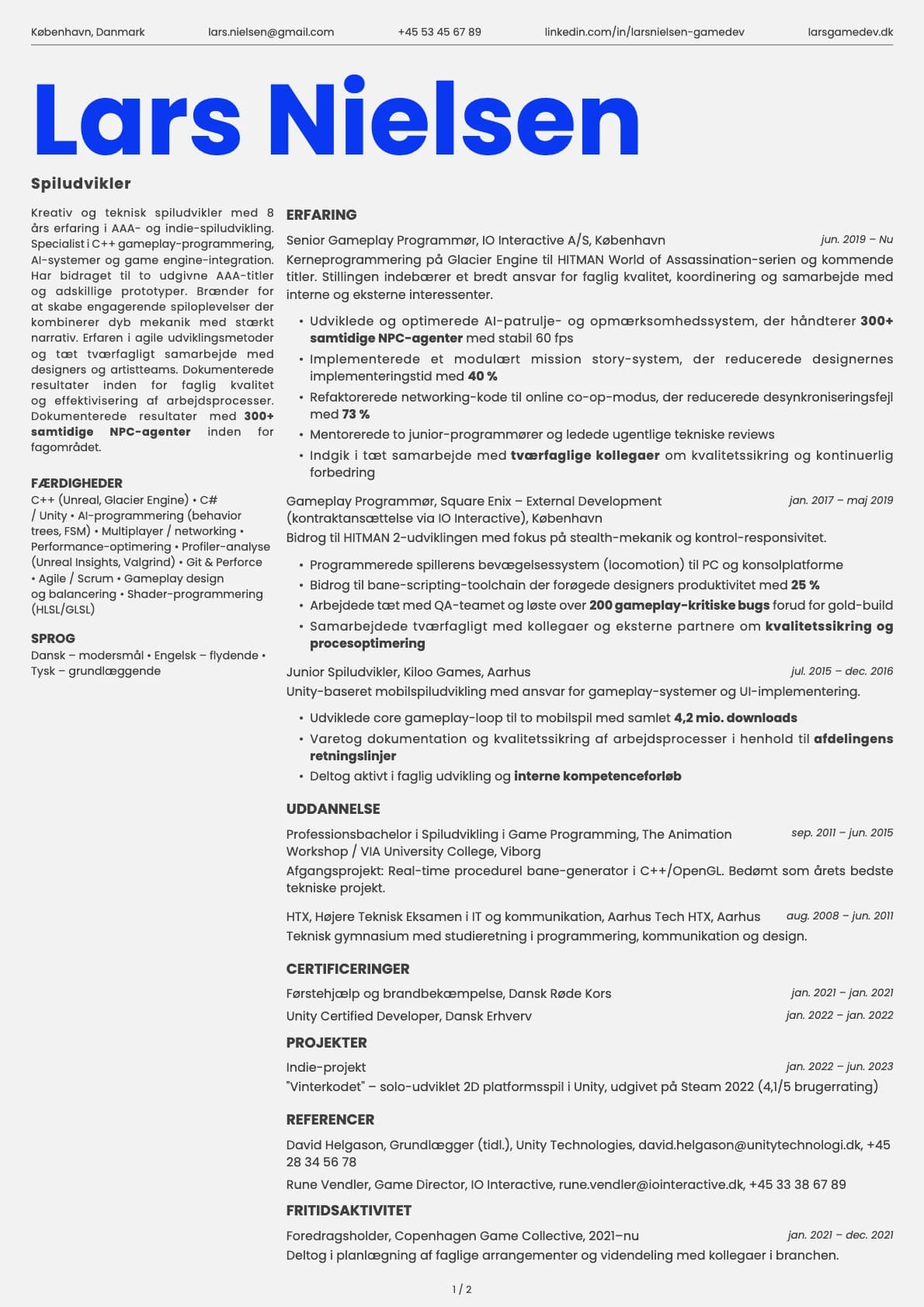 Spiludvikler resume example