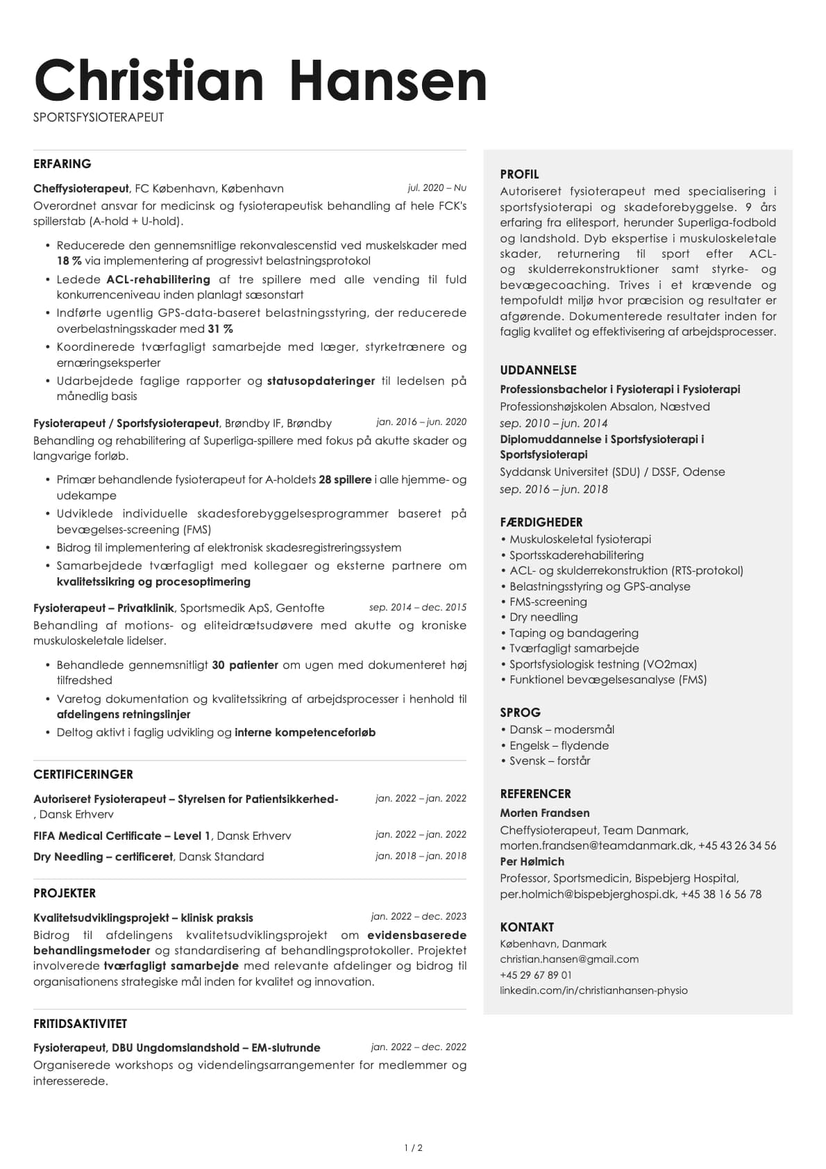 Sportsfysioterapeut resume example