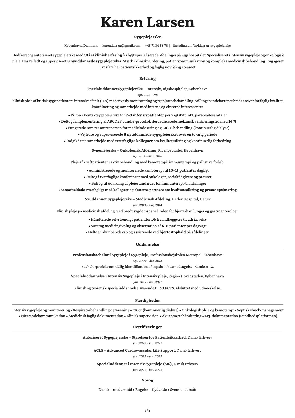 Sygeplejerske resume example