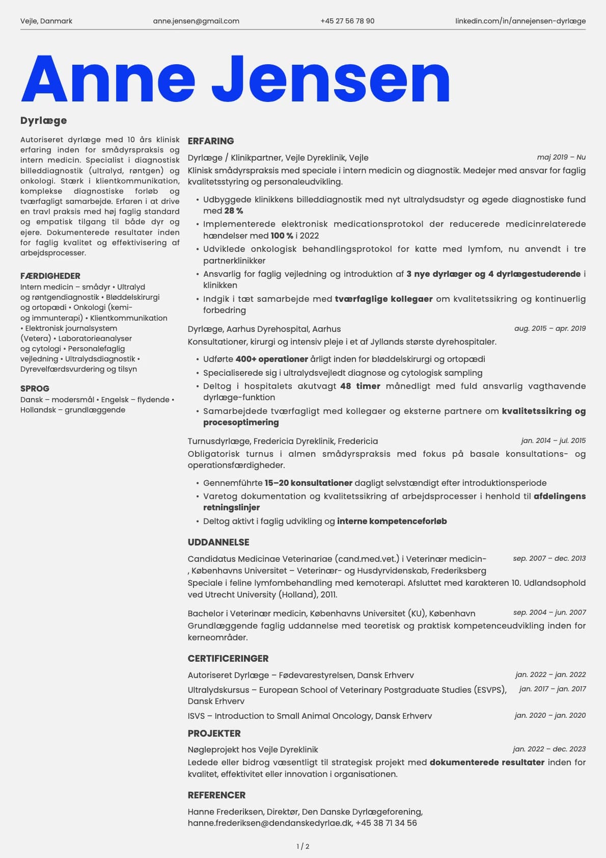Dyrlæge resume example