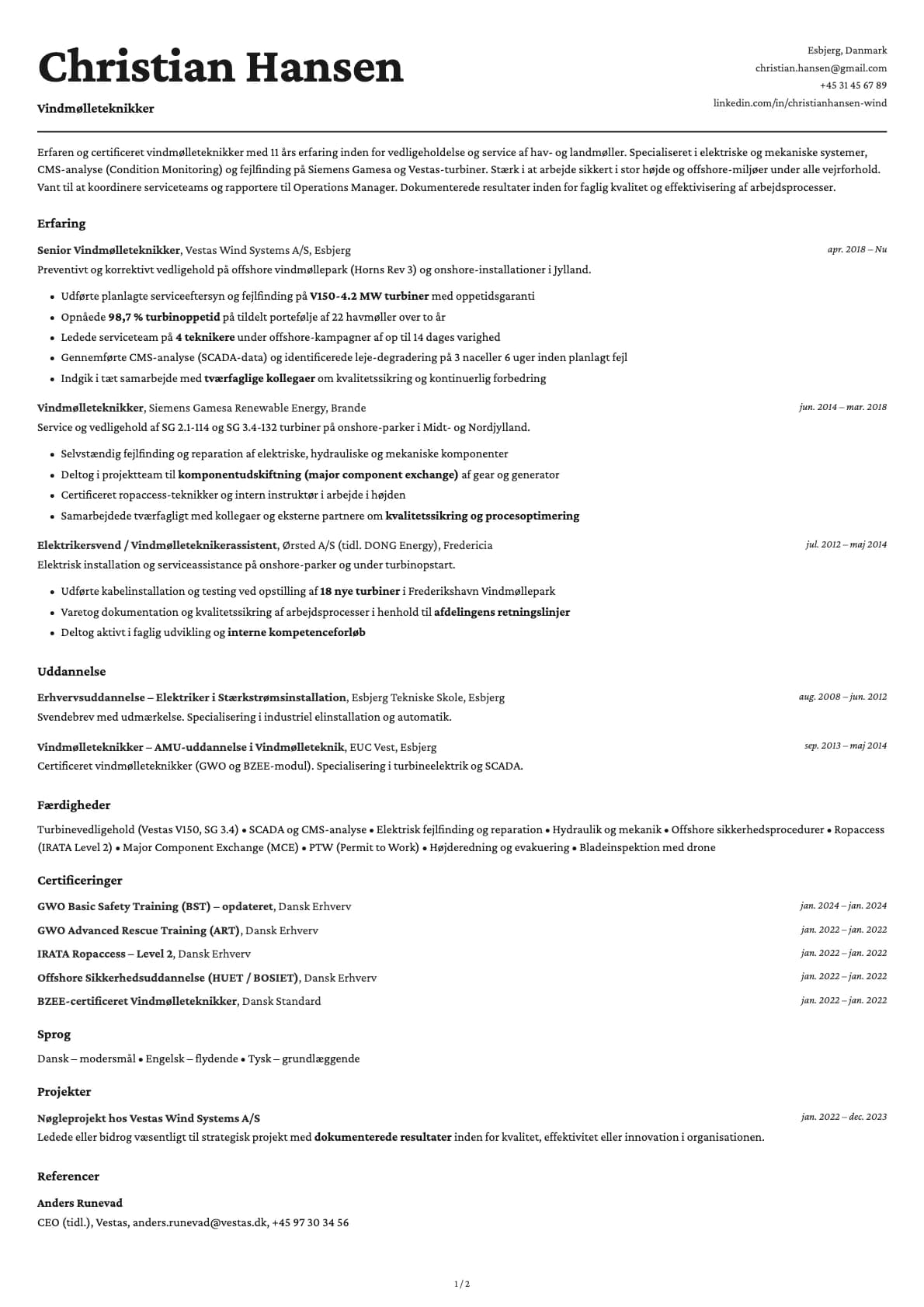 Vindmølletekniker resume example