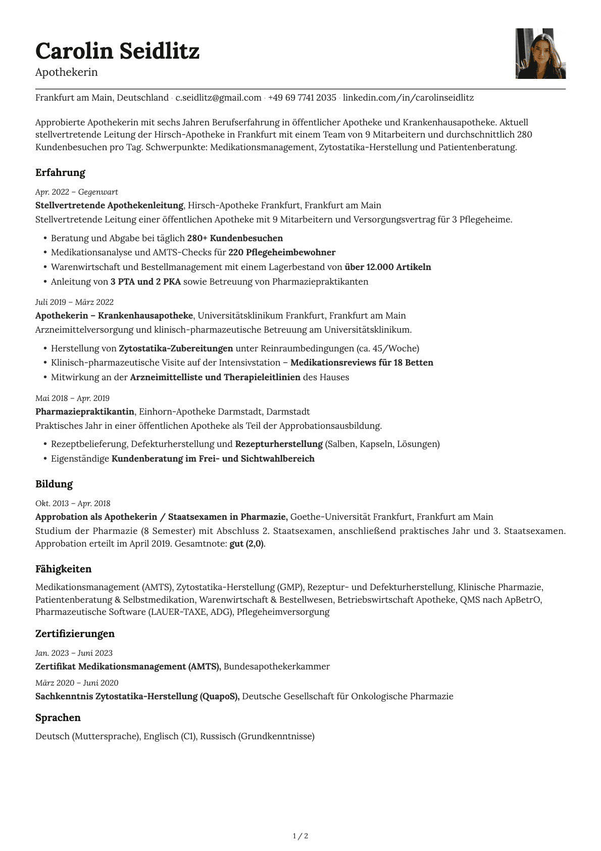 Apotheker resume example