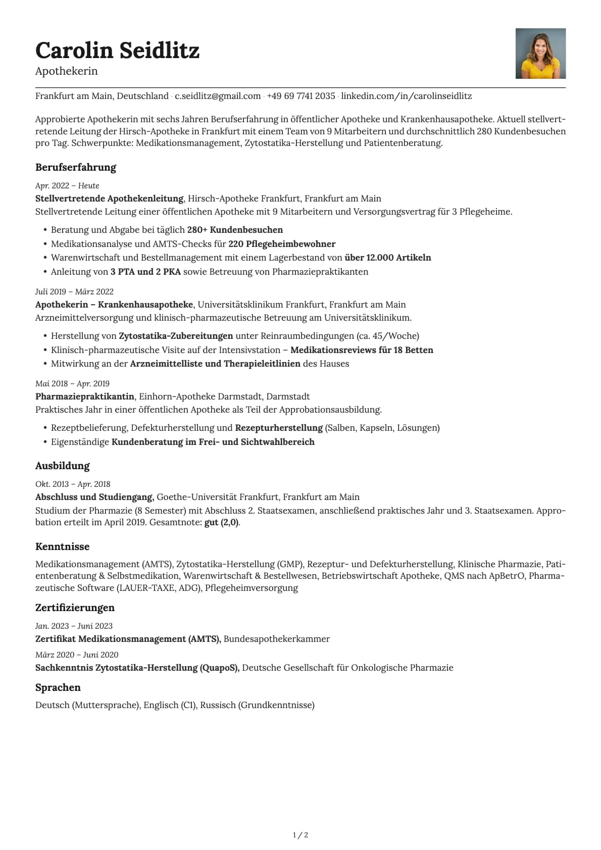 Apotheker resume example