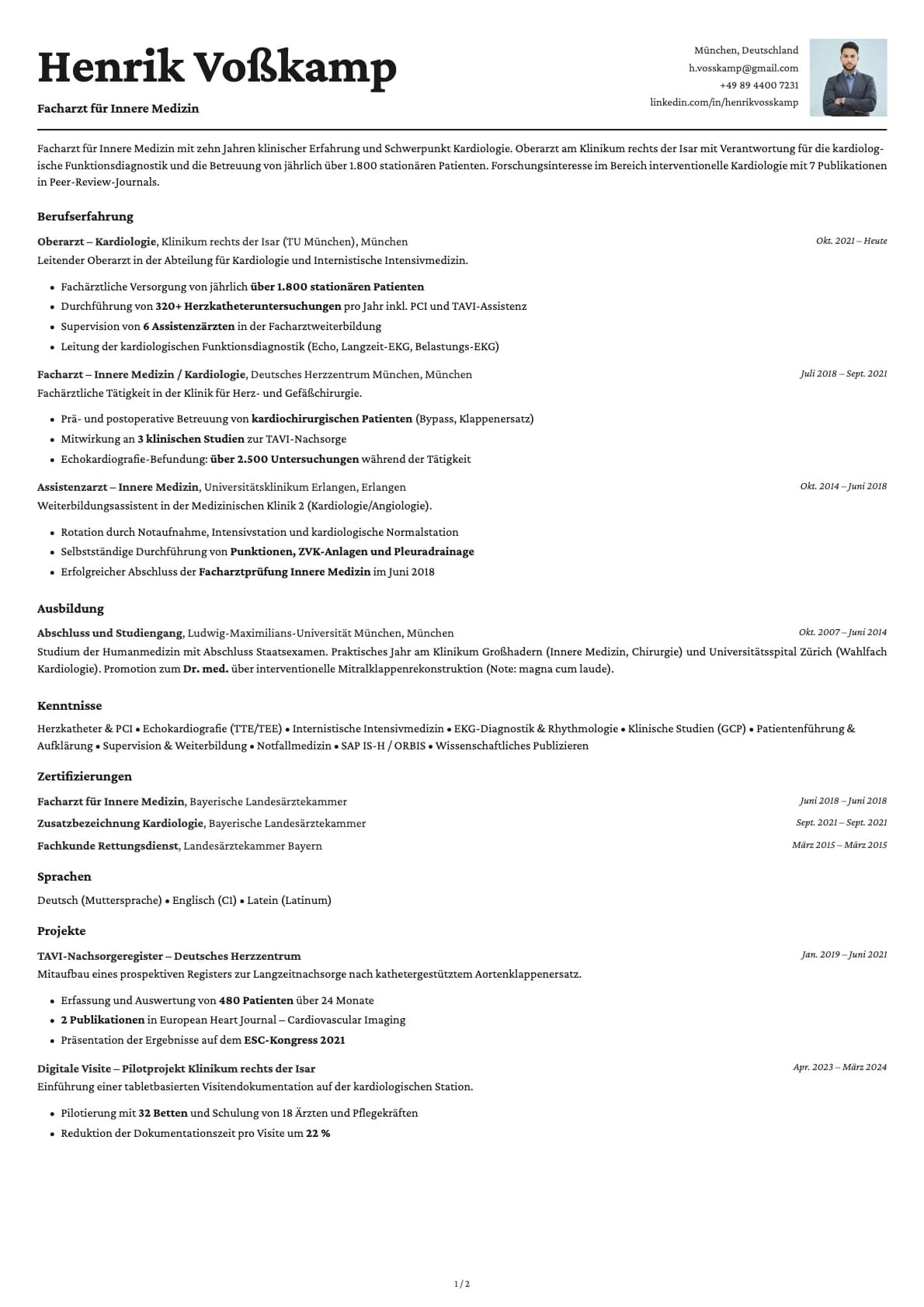 Arzt / Facharzt resume example