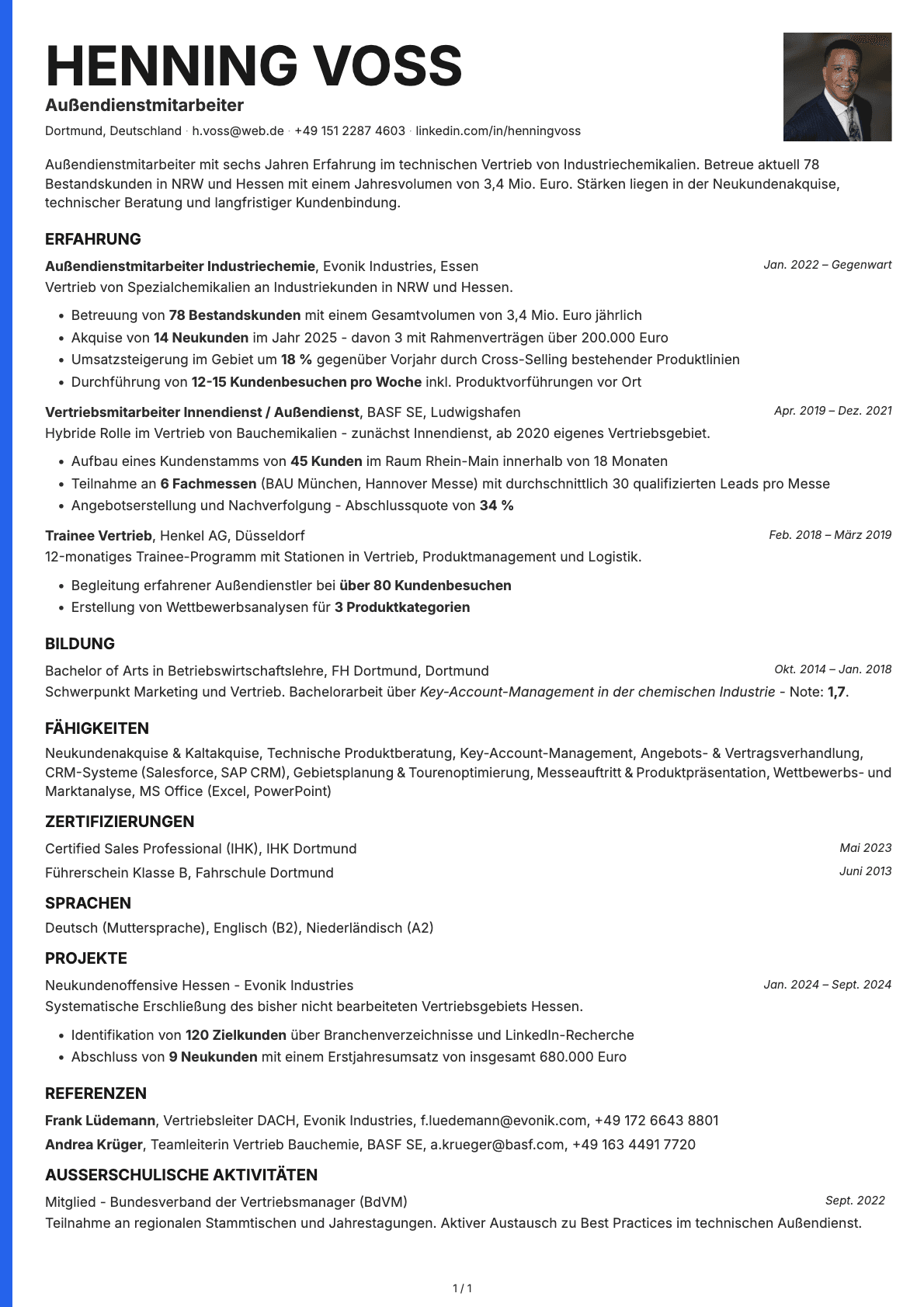 Außendienstmitarbeiter resume example