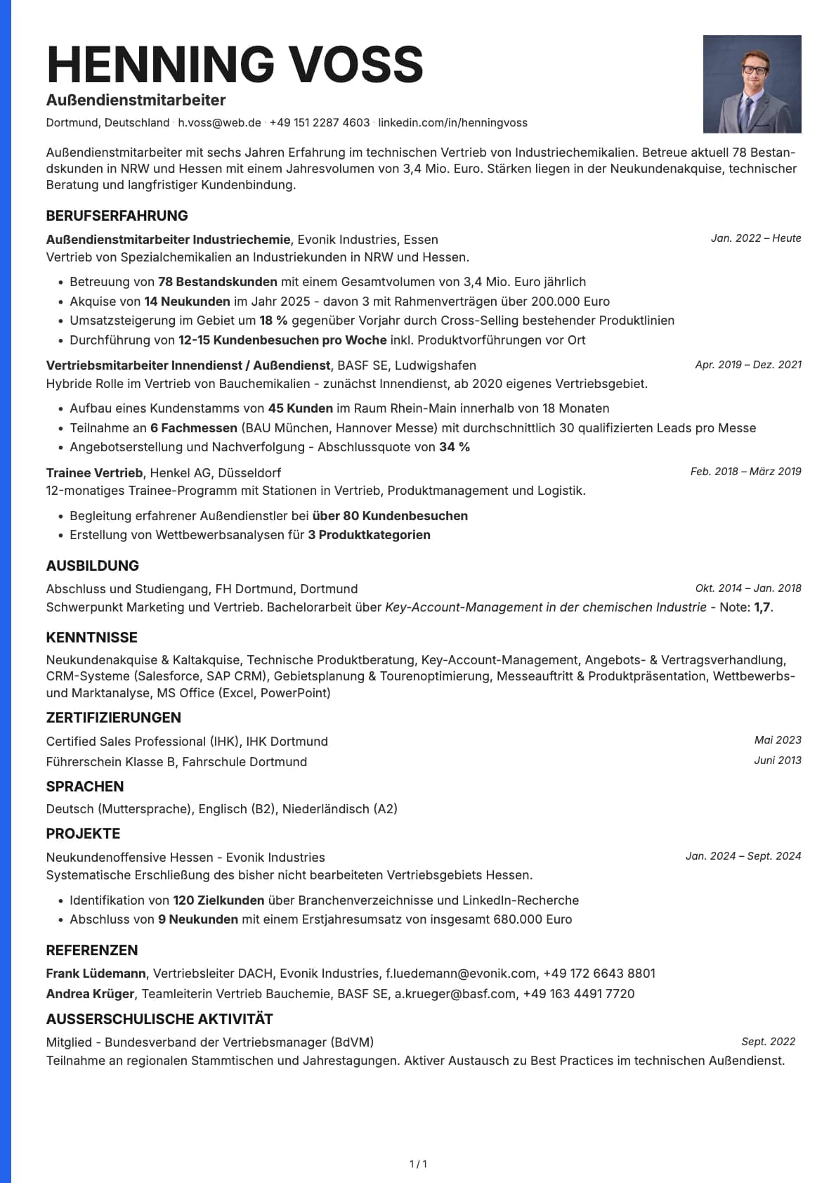 Außendienstmitarbeiter resume example