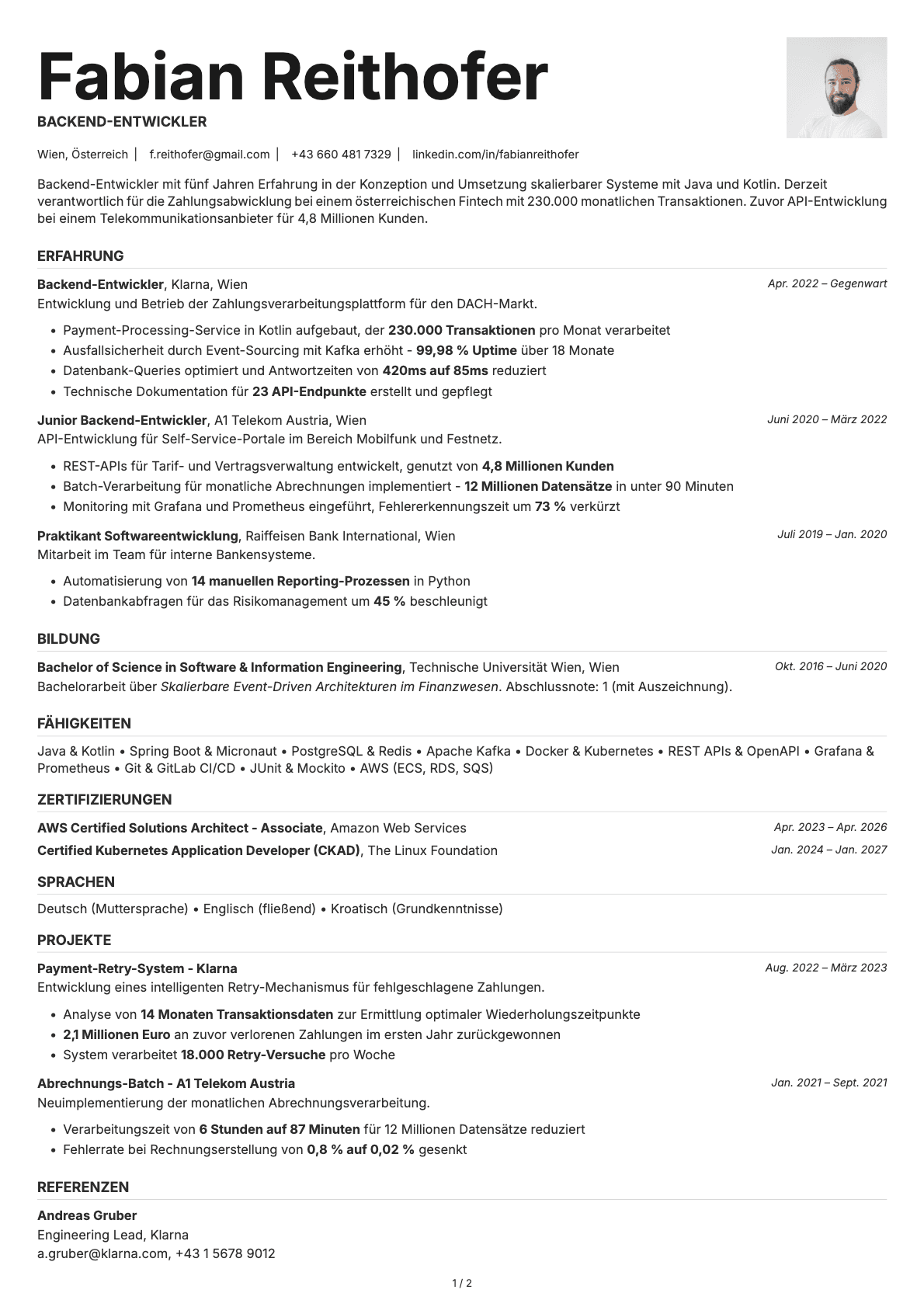 Backend-Entwickler resume example