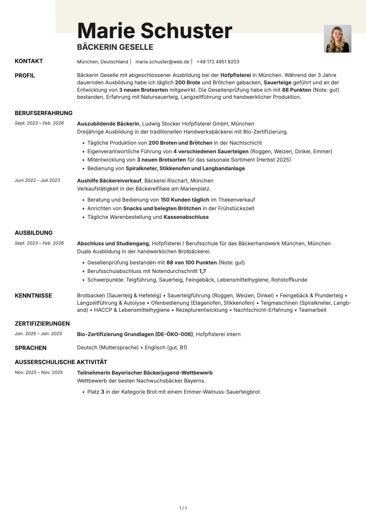 Bäcker Geselle resume example