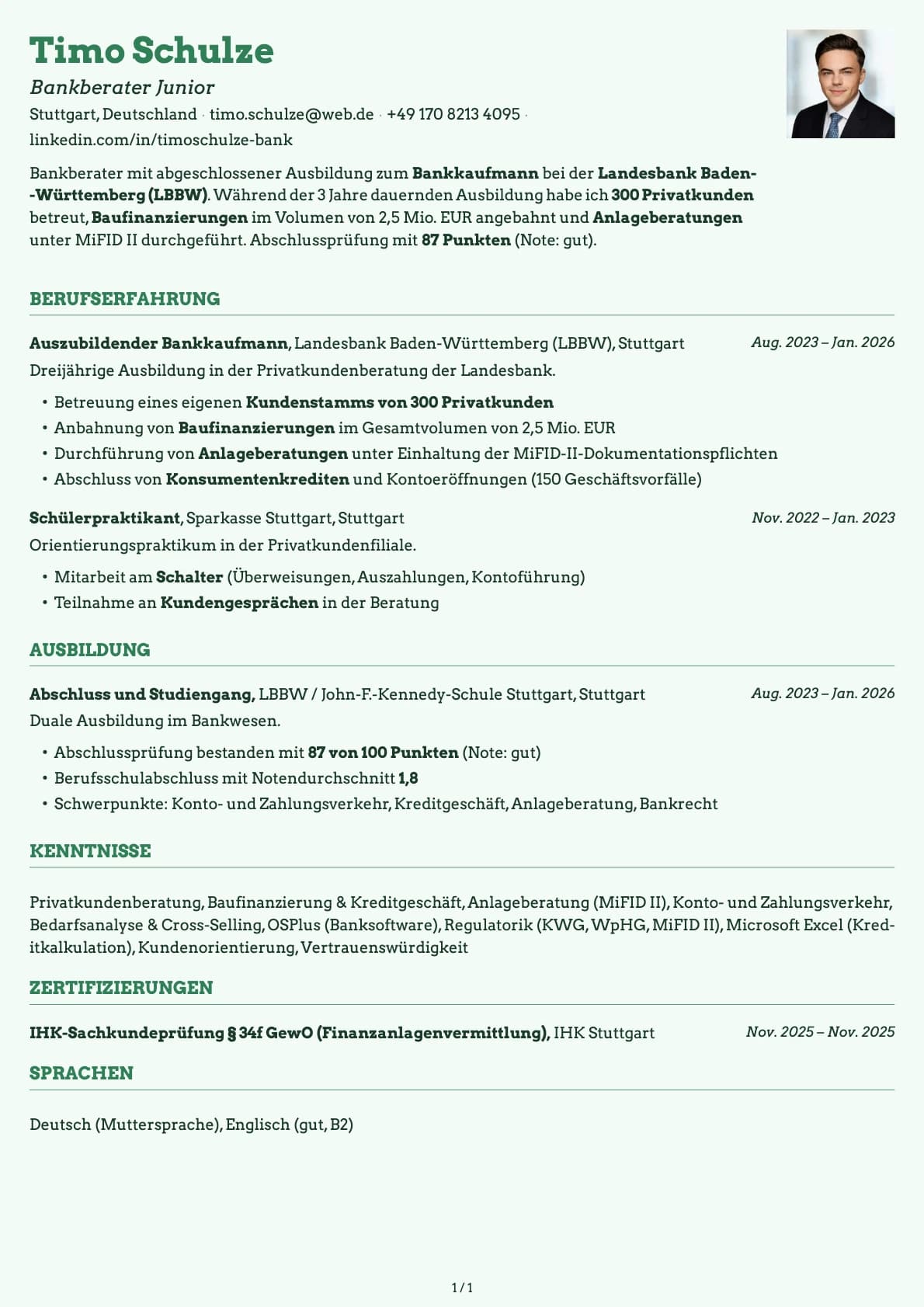 Bankberater Junior resume example