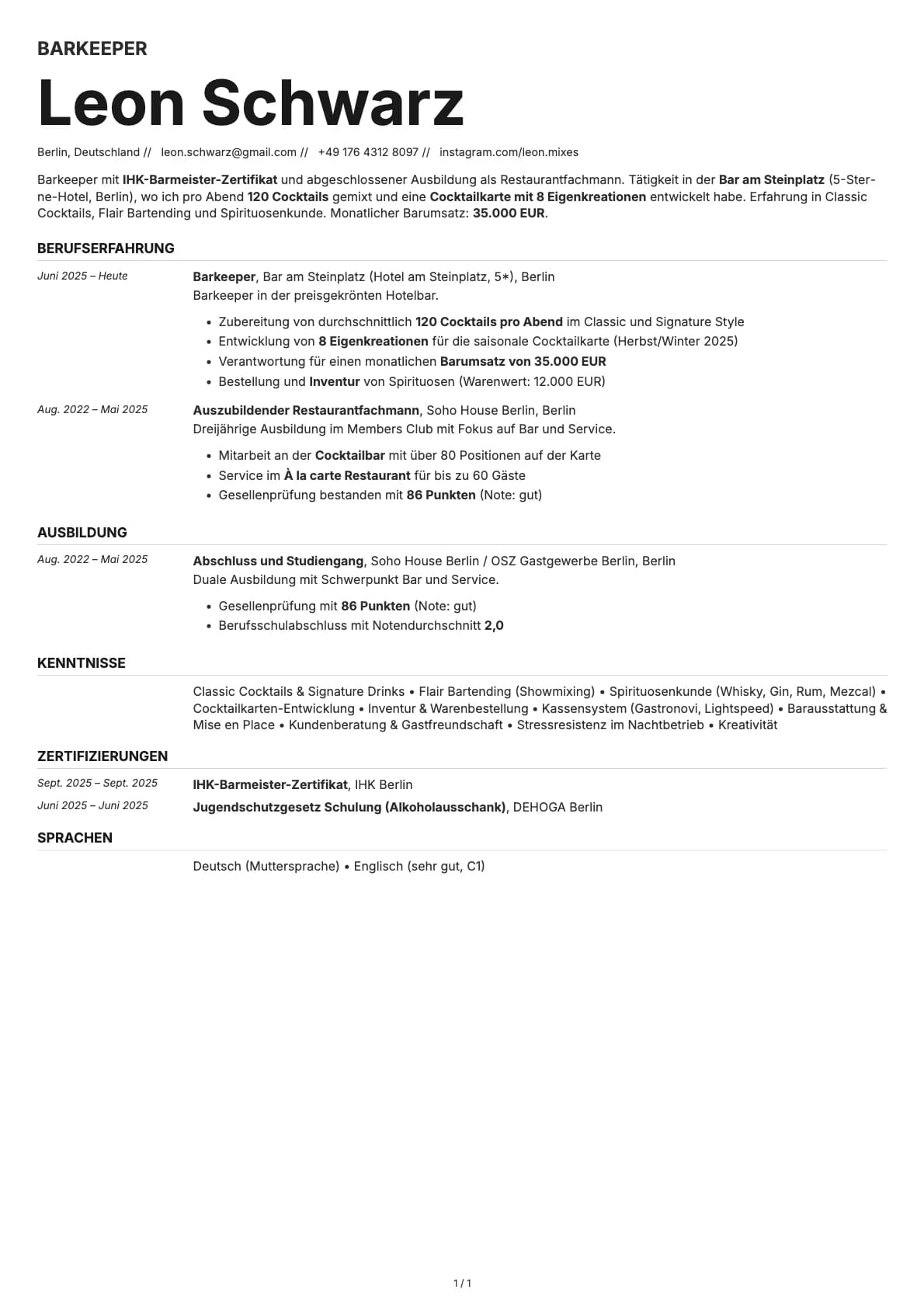 Barkeeper resume example