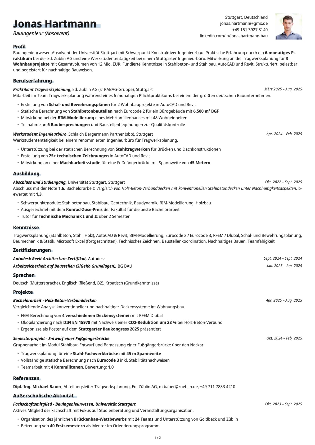 Bauingenieur Absolvent resume example