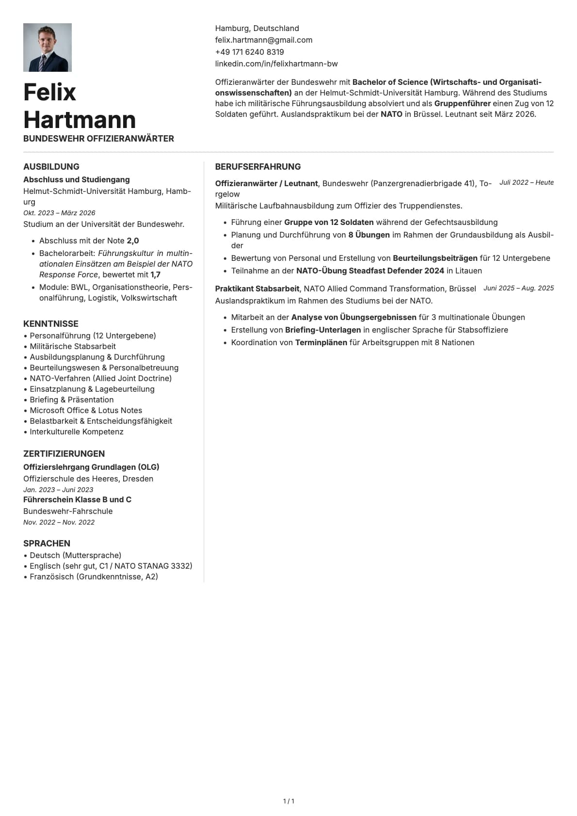 Bundeswehr Offizieranwärter resume example