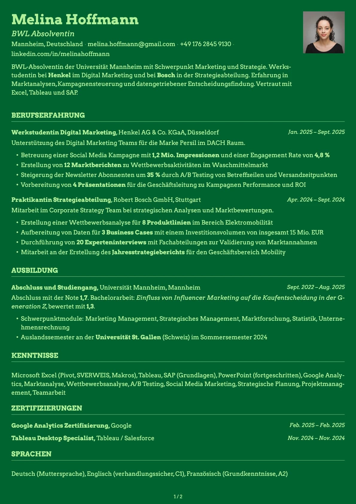 BWL Absolvent resume example