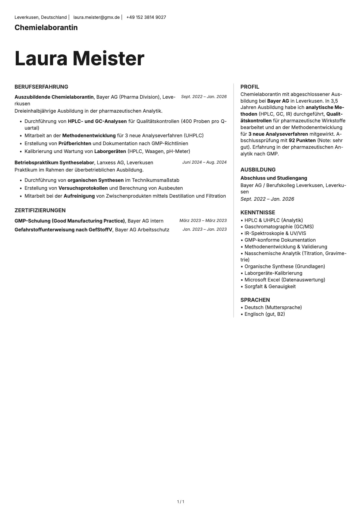 Chemielaborant resume example