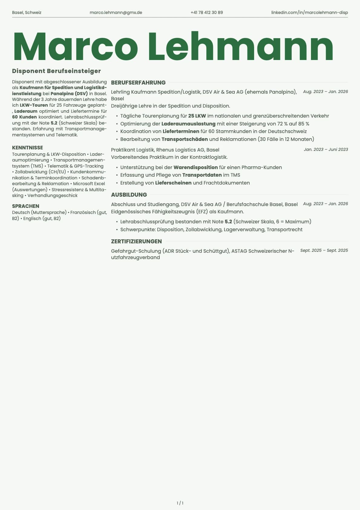 Disponent Berufseinsteiger resume example