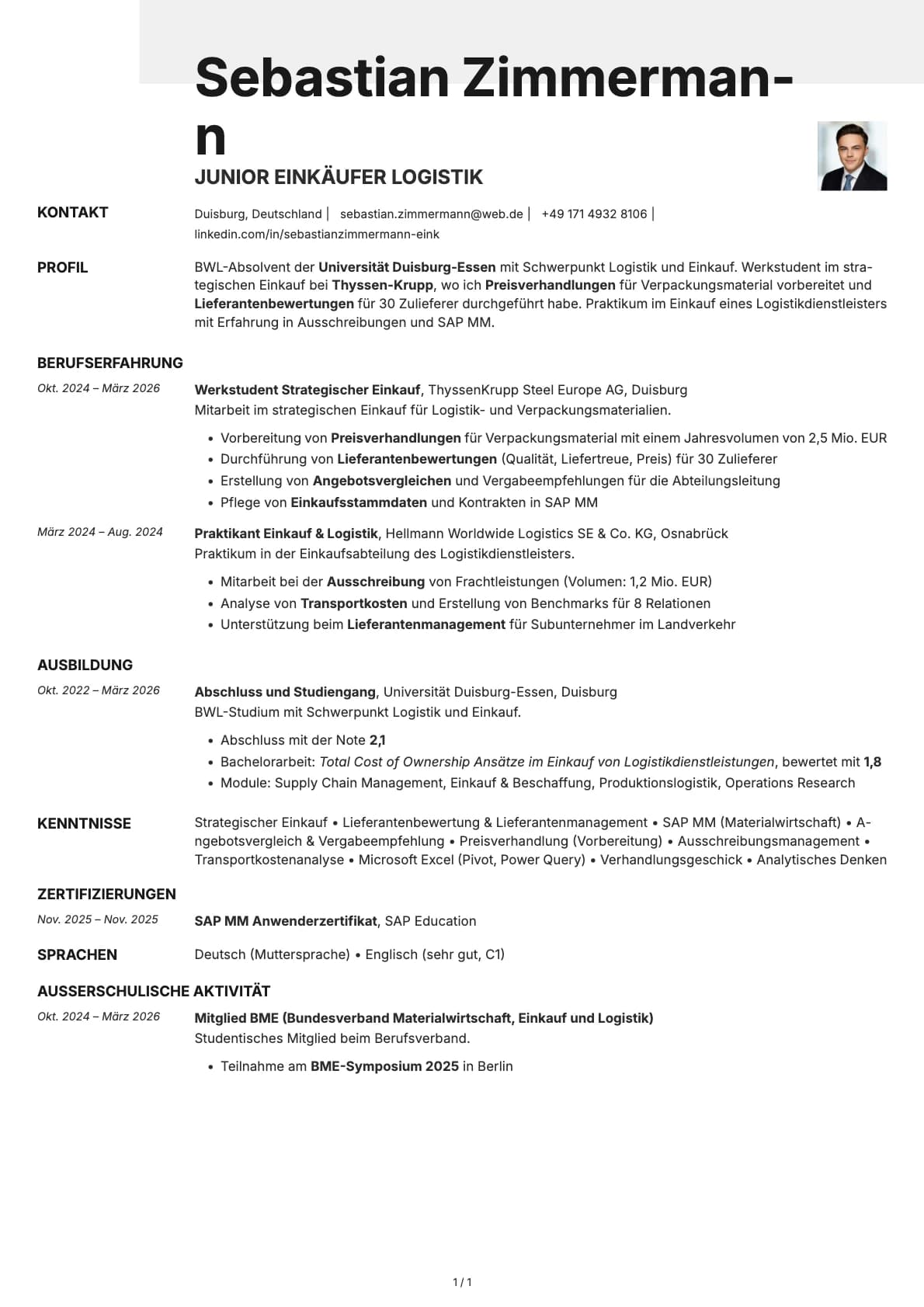 Junior Einkäufer Logistik resume example