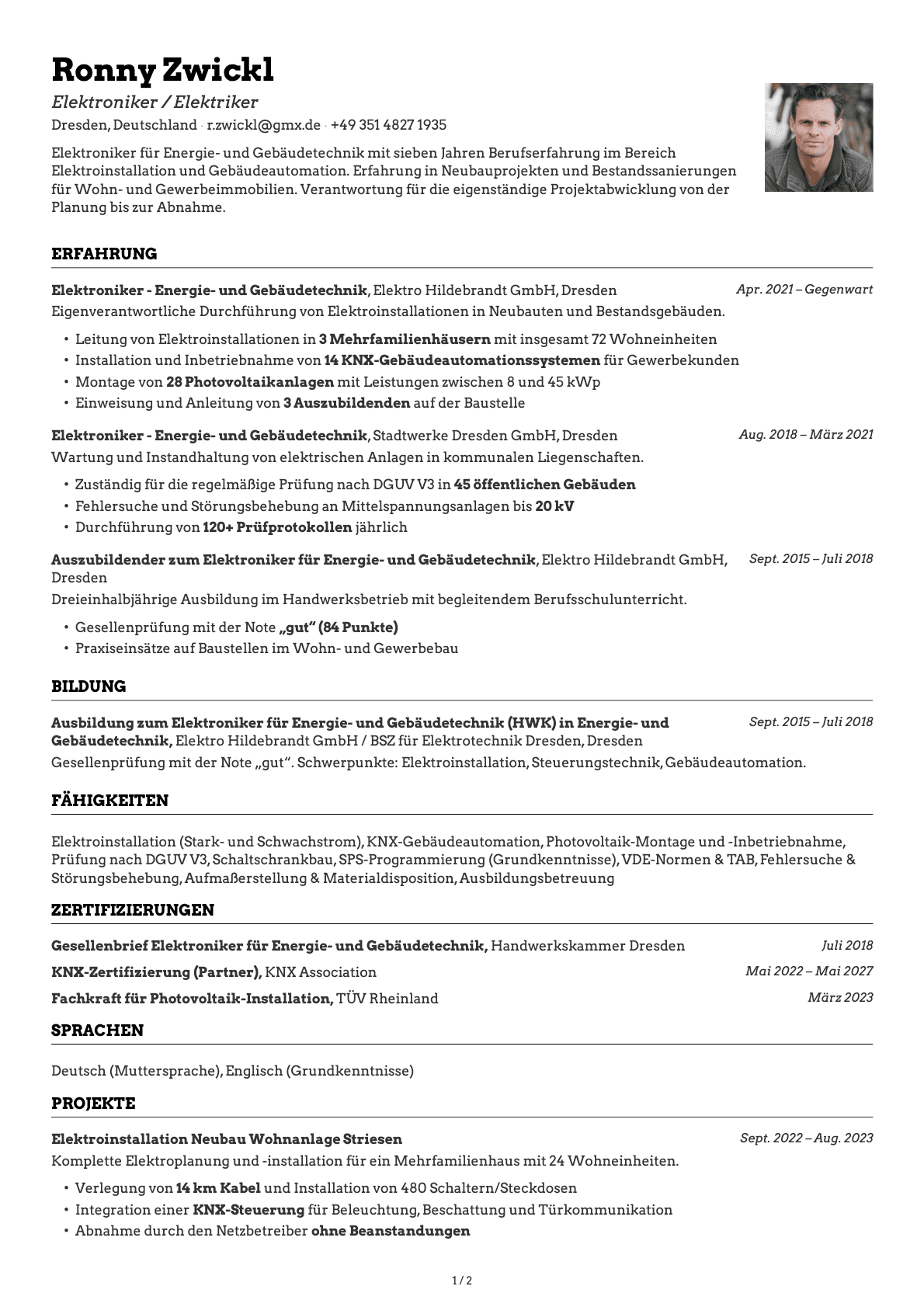 Elektroniker / Elektriker resume example