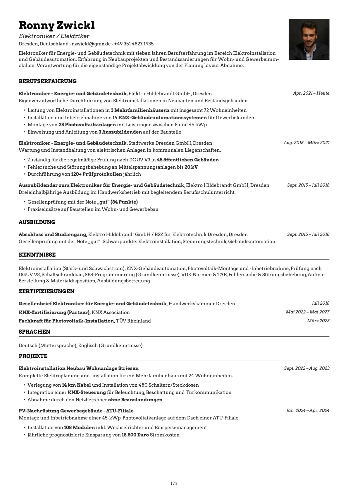 Elektroniker / Elektriker resume example