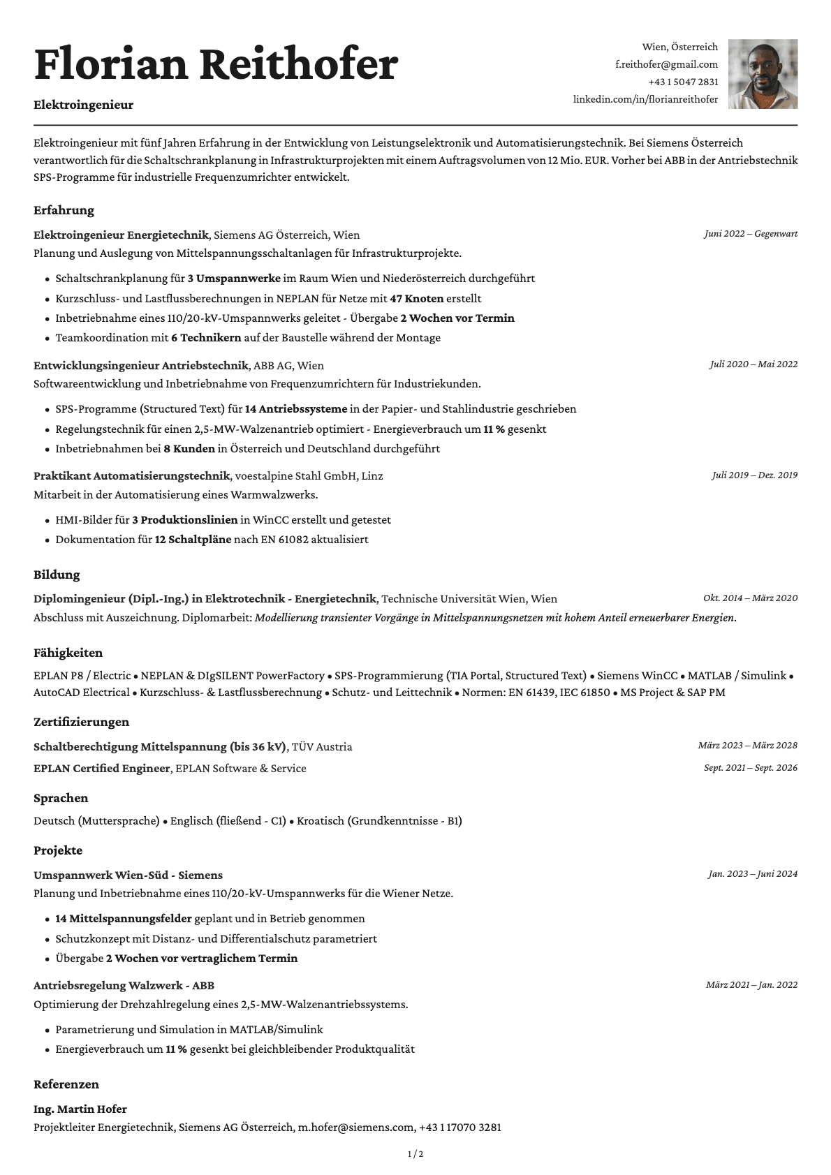Elektroingenieur resume example