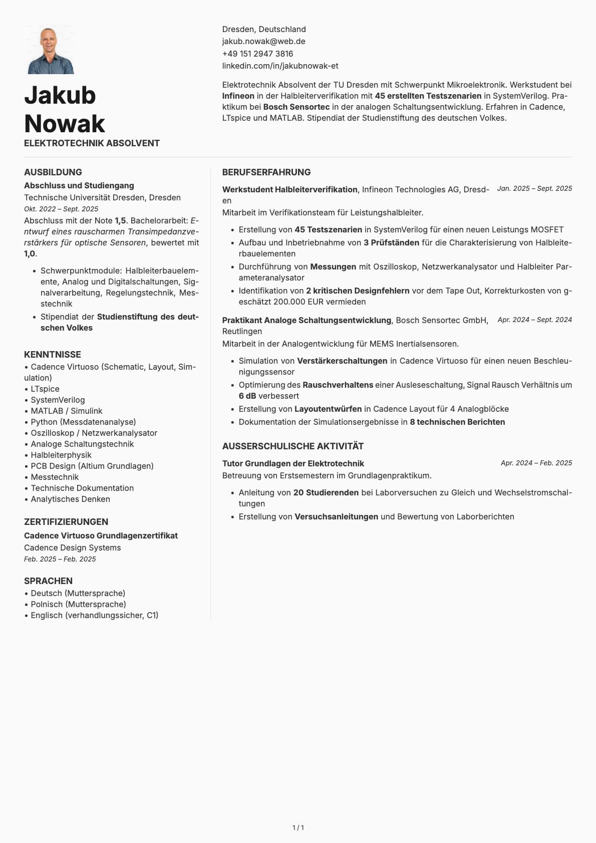 Elektrotechnik Absolvent resume example