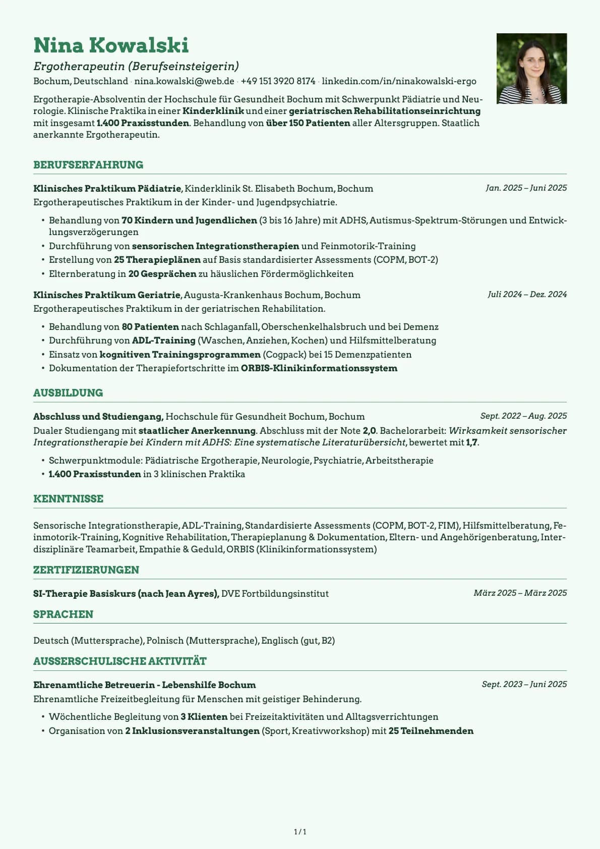 Ergotherapeutin (Berufseinsteigerin) resume example