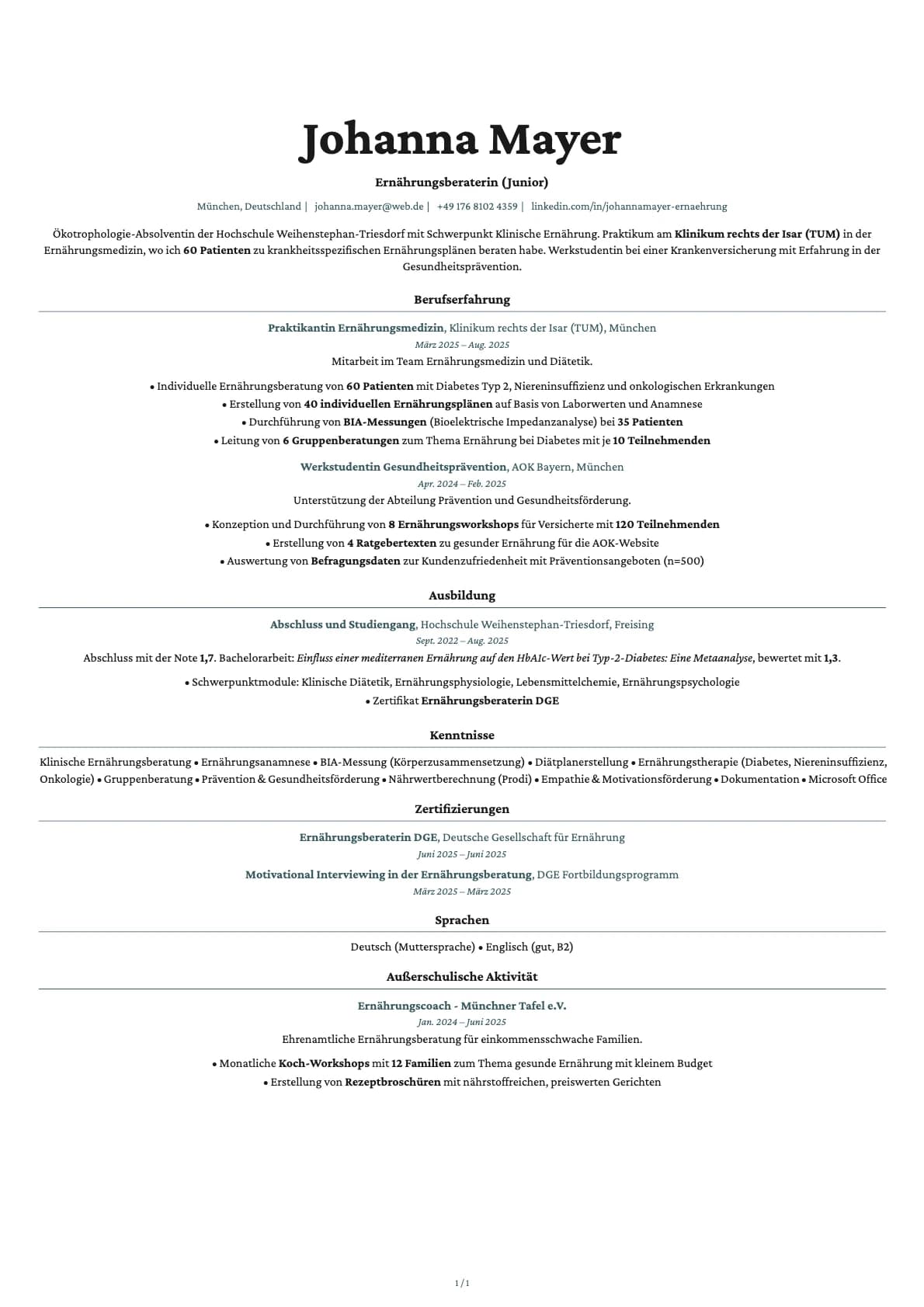 Ernährungsberaterin (Junior) resume example