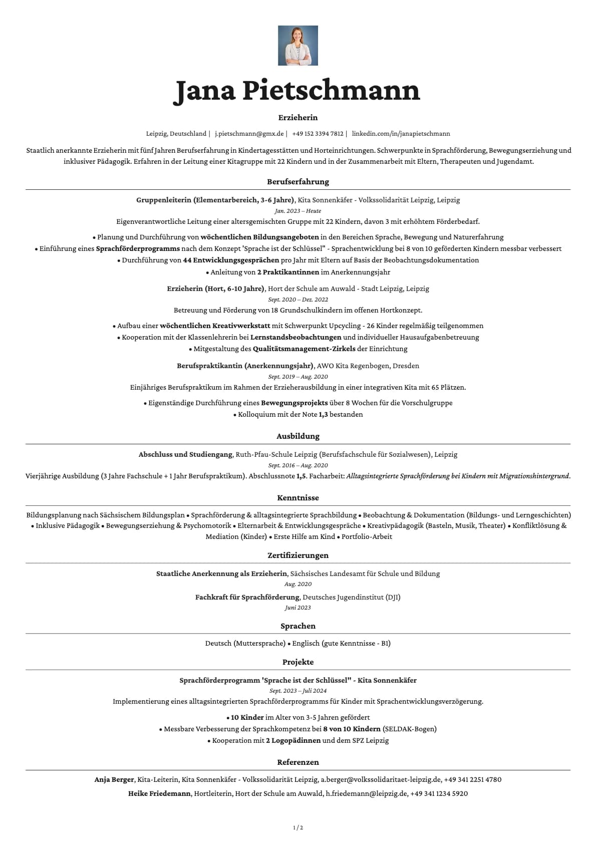 Erzieher resume example