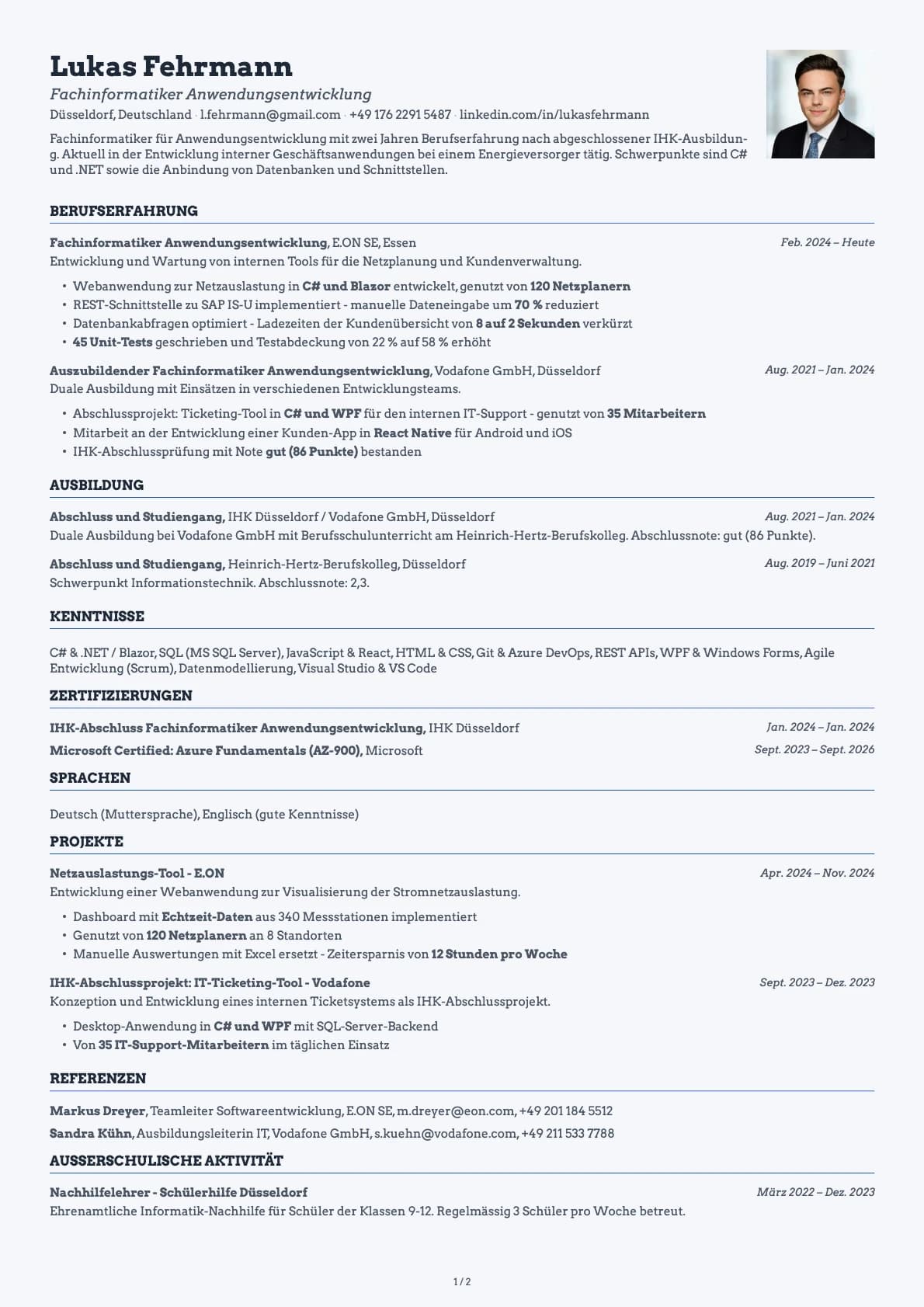 Fachinformatiker Anwendungsentwicklung resume example