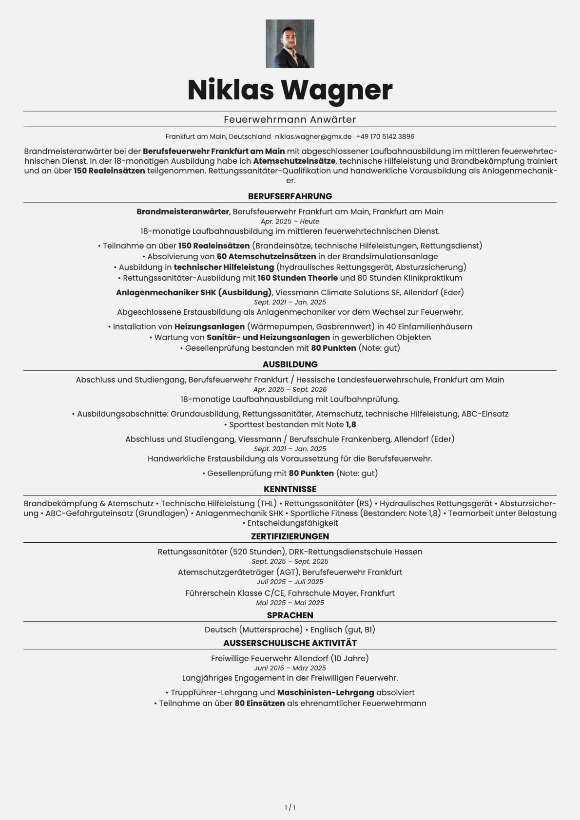 Feuerwehrmann Anwärter resume example