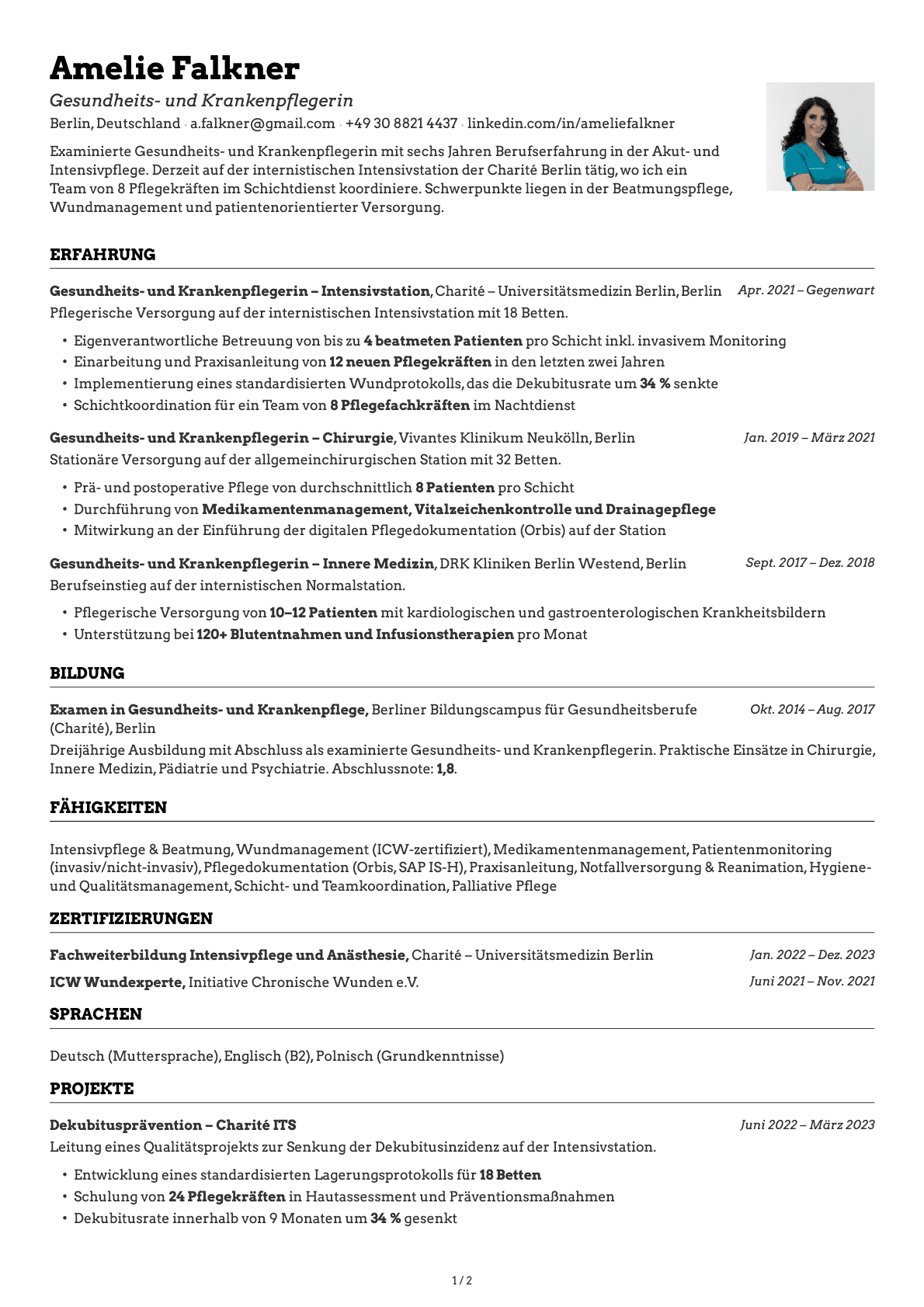 Gesundheits- und Krankenpfleger resume example