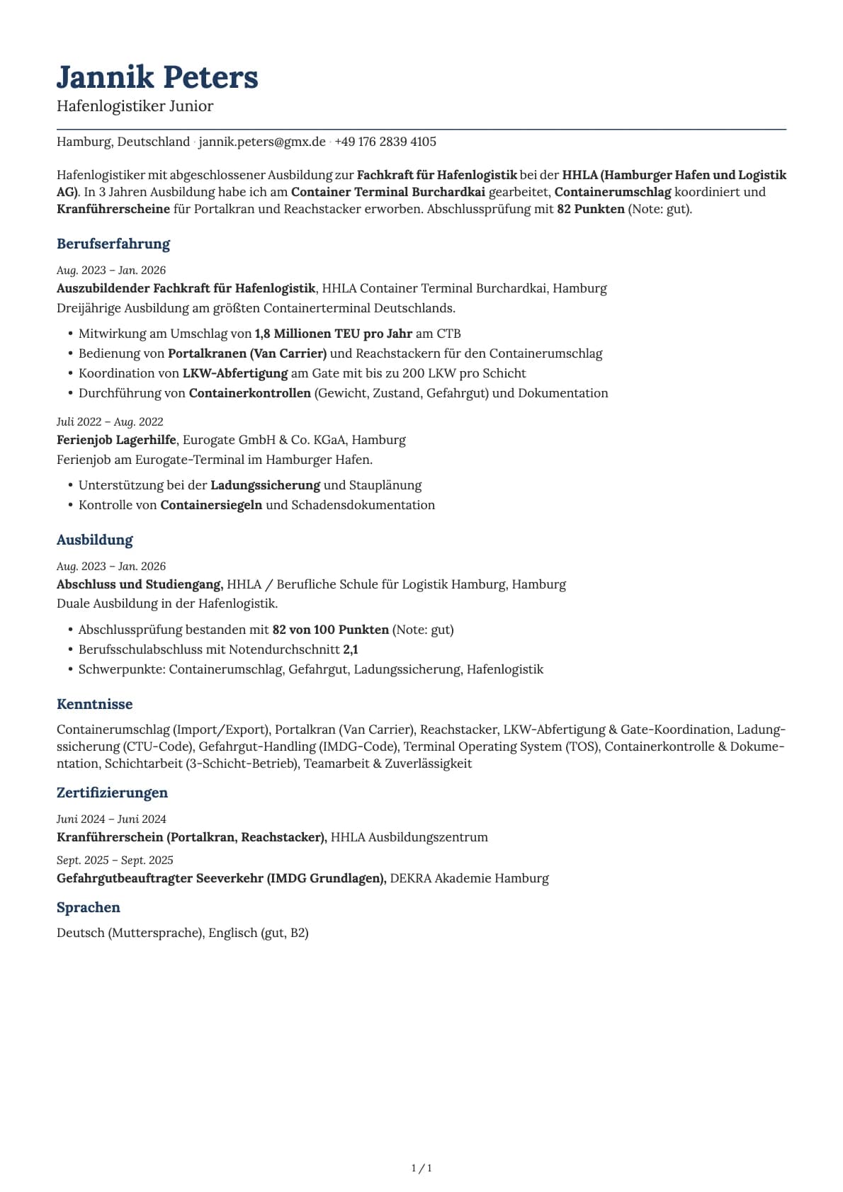 Hafenlogistiker Junior resume example