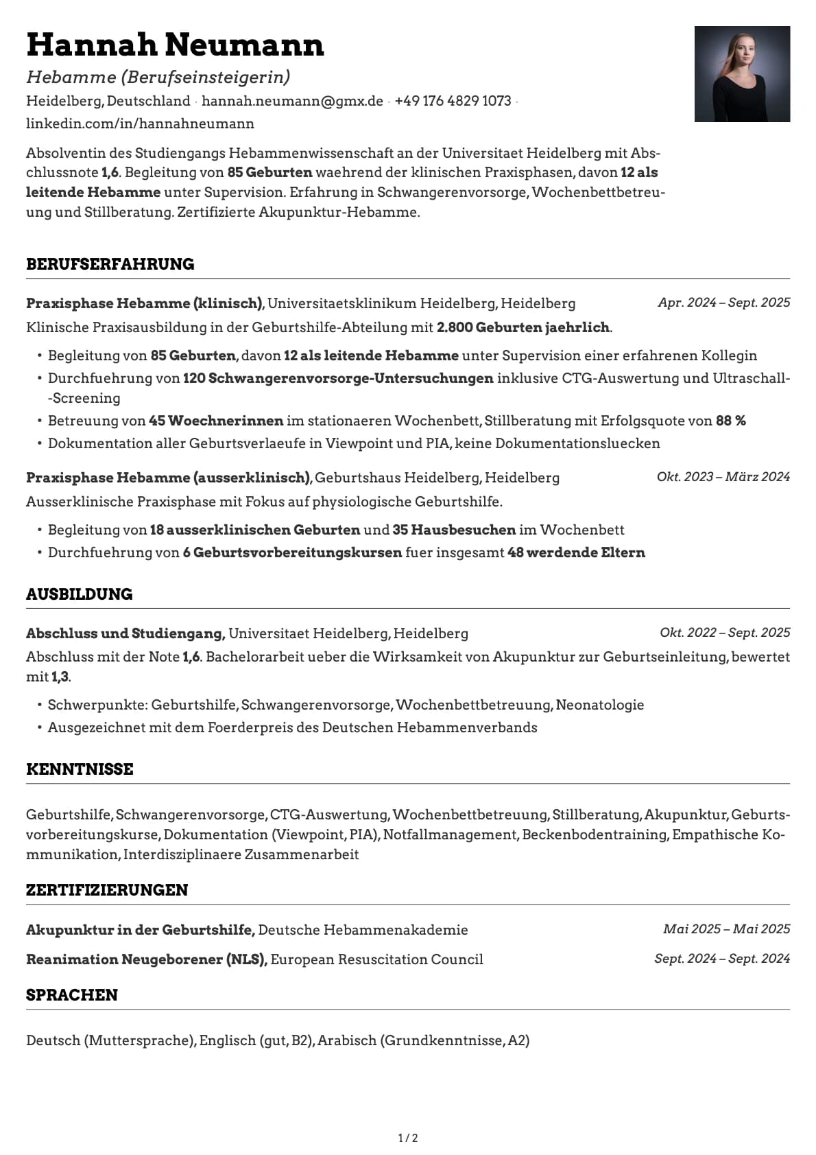 Hebamme (Berufseinsteigerin) resume example