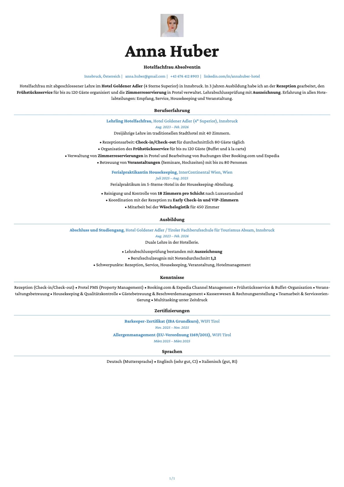 Hotelfachmann Absolvent resume example