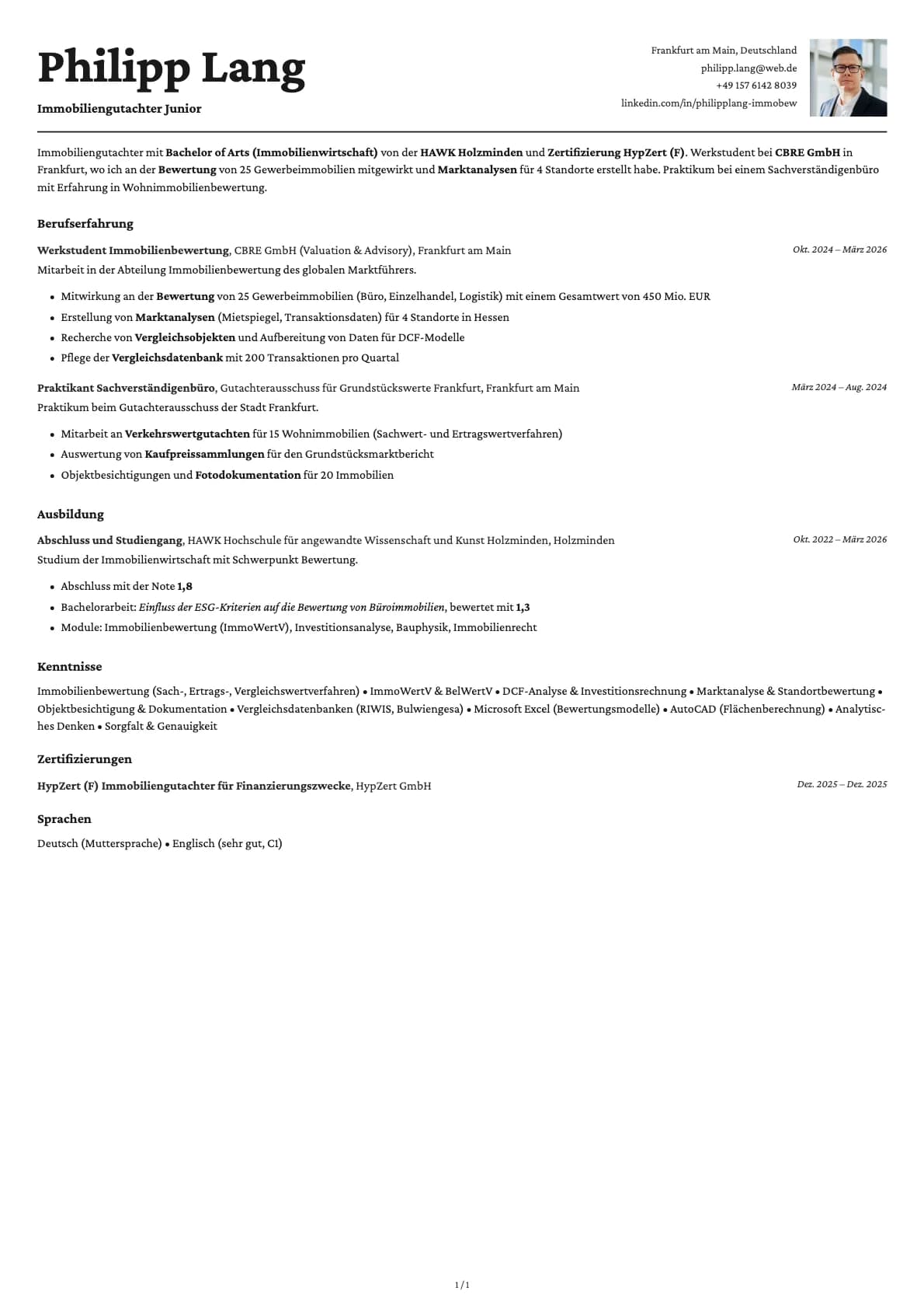 Immobiliengutachter Junior resume example
