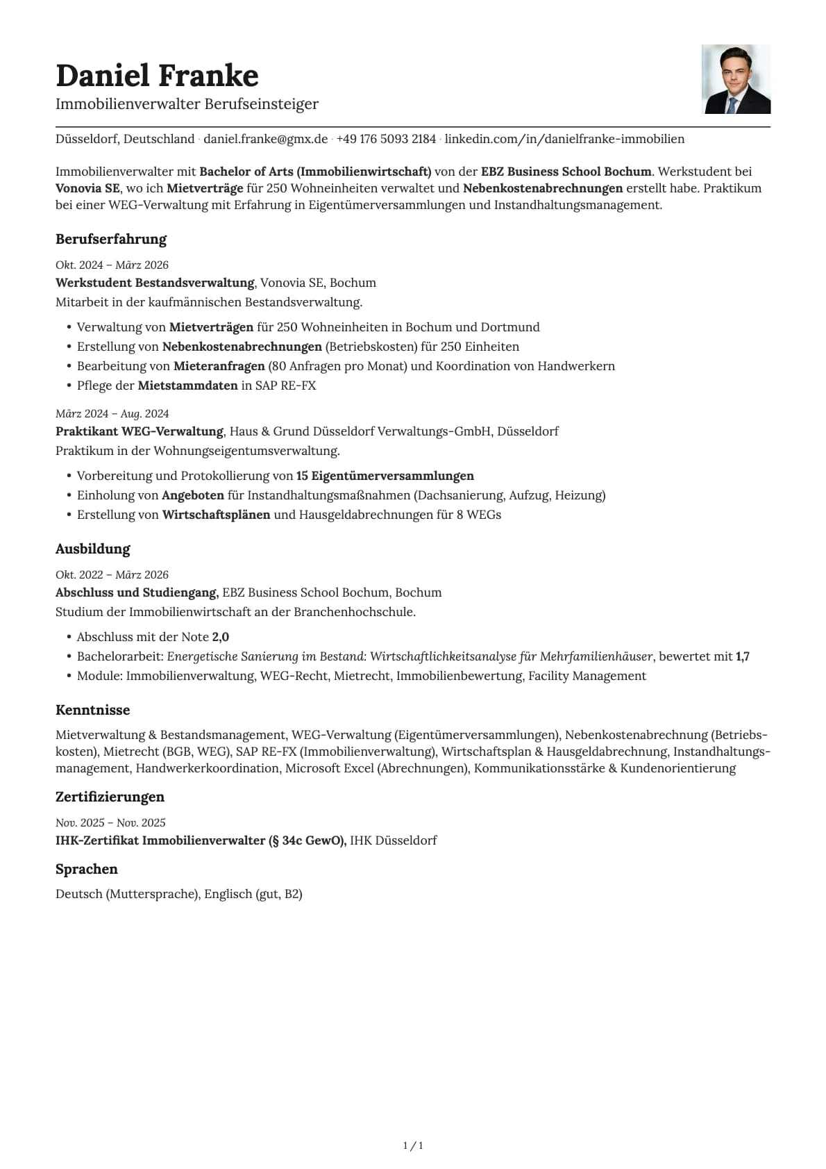 Junior Immobilienverwalter resume example