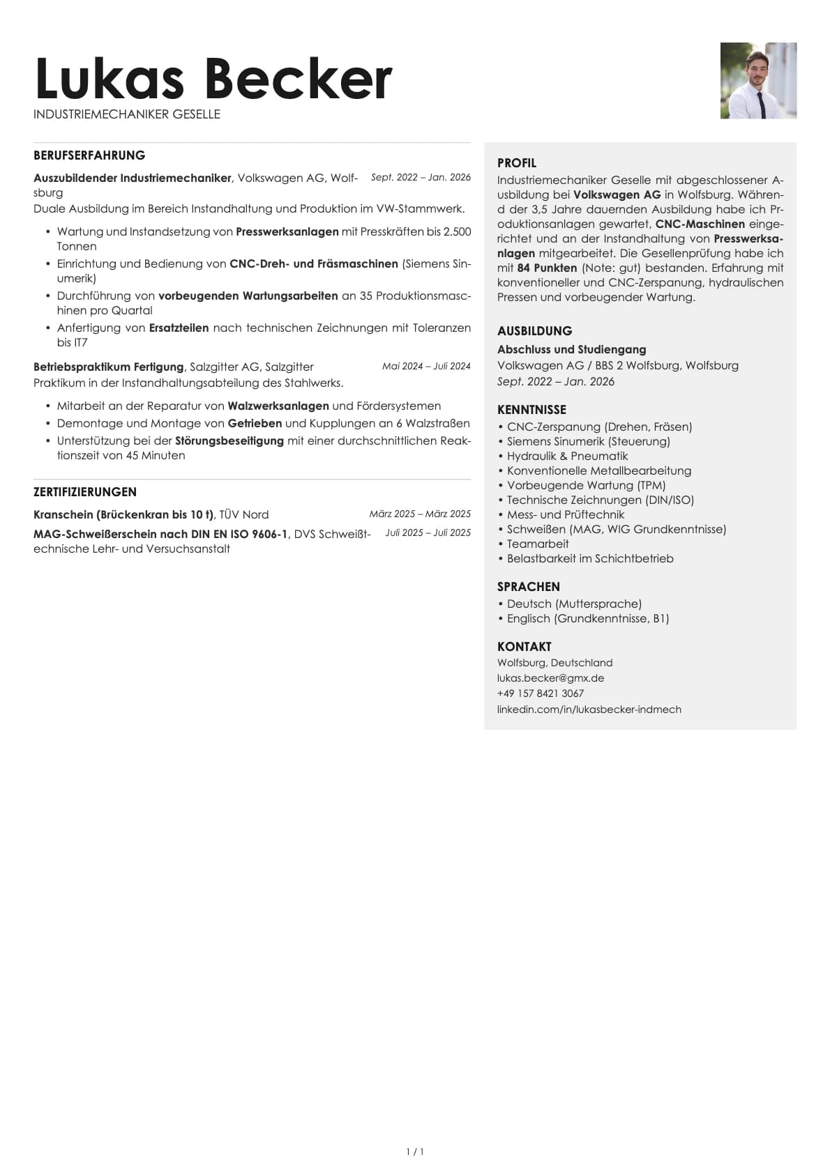 Industriemechaniker Geselle resume example