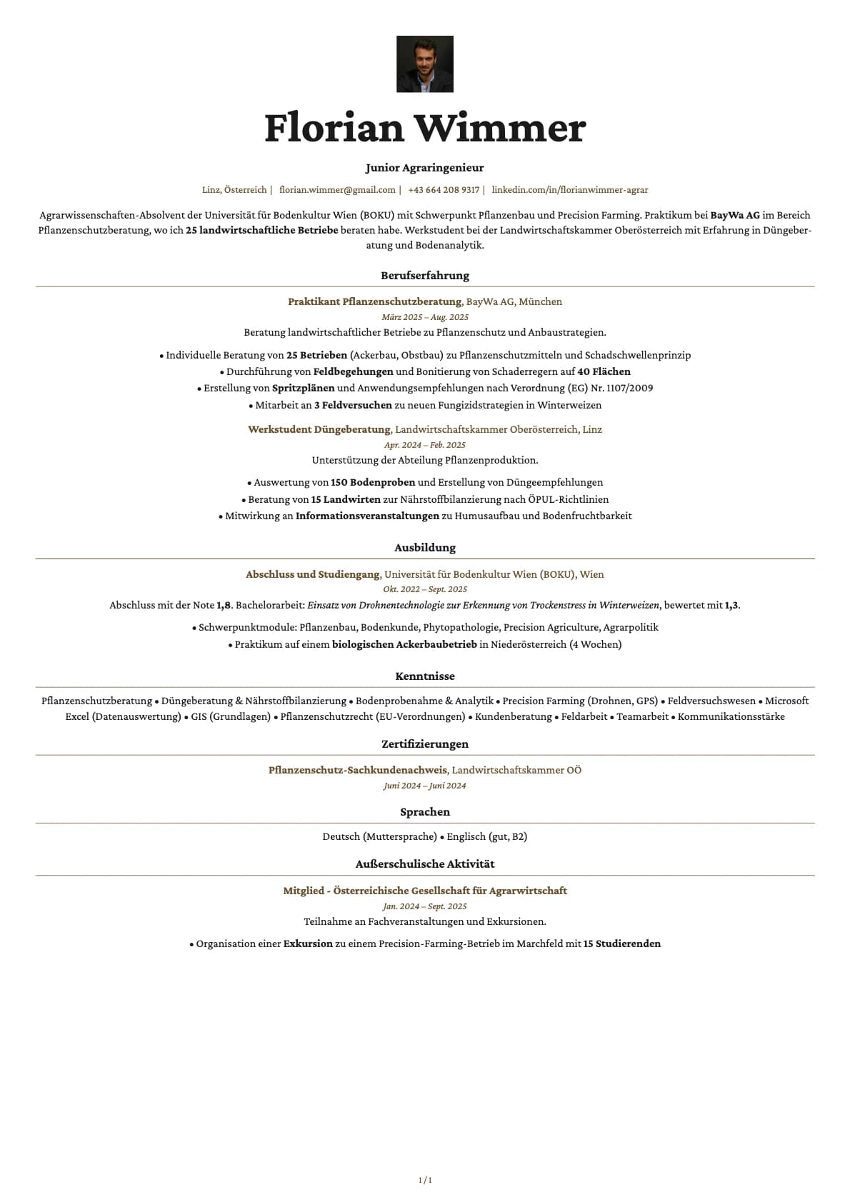 Junior Agraringenieur resume example