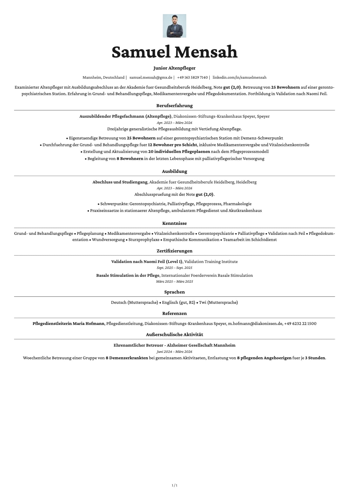 Junior Altenpfleger resume example