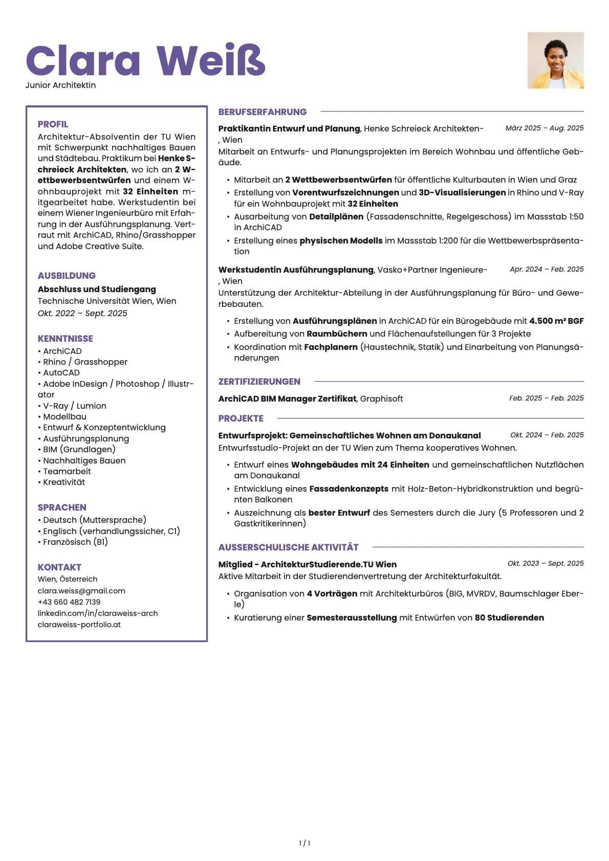 Junior Architektin resume example